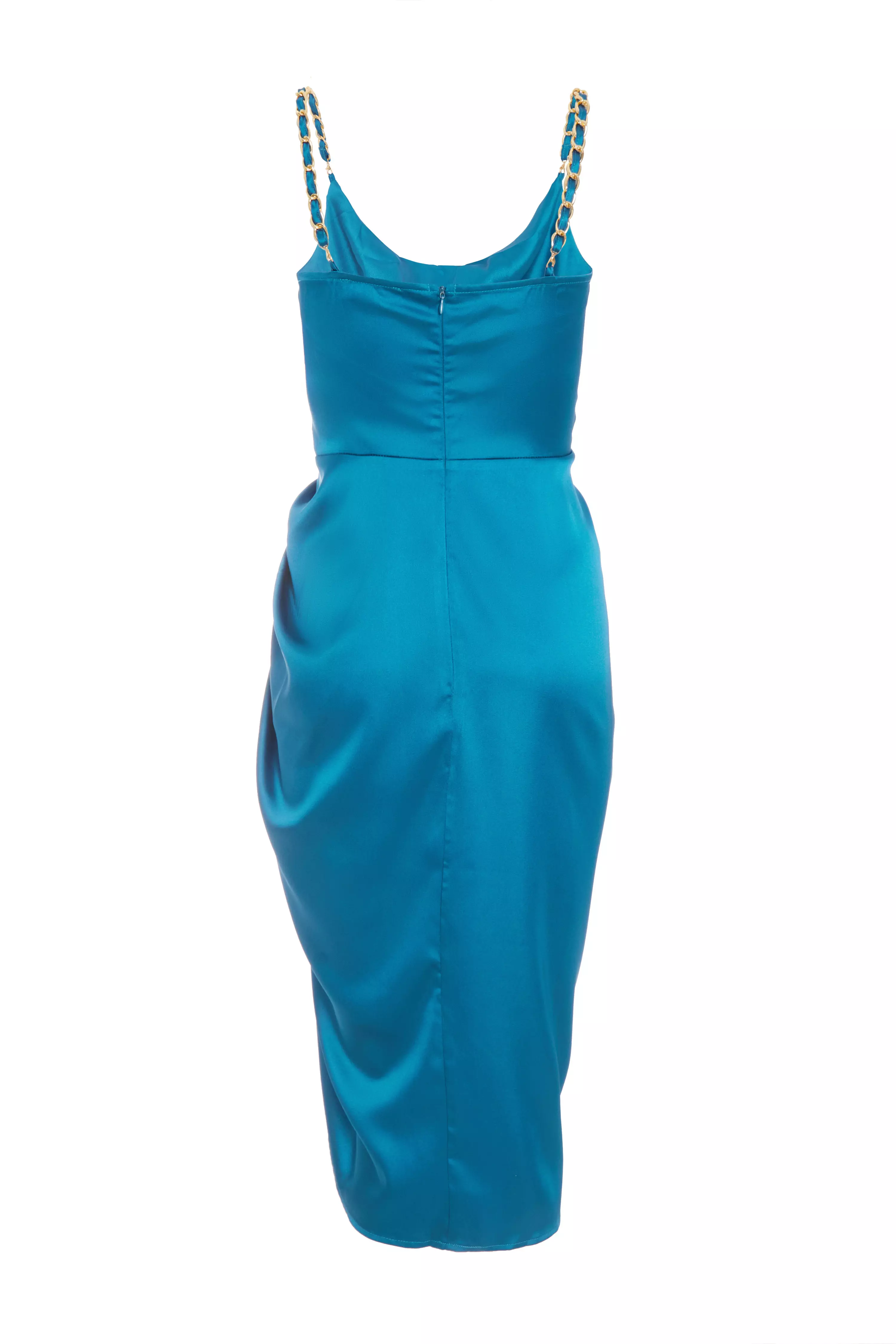 Teal Satin Ruched Midi Dress