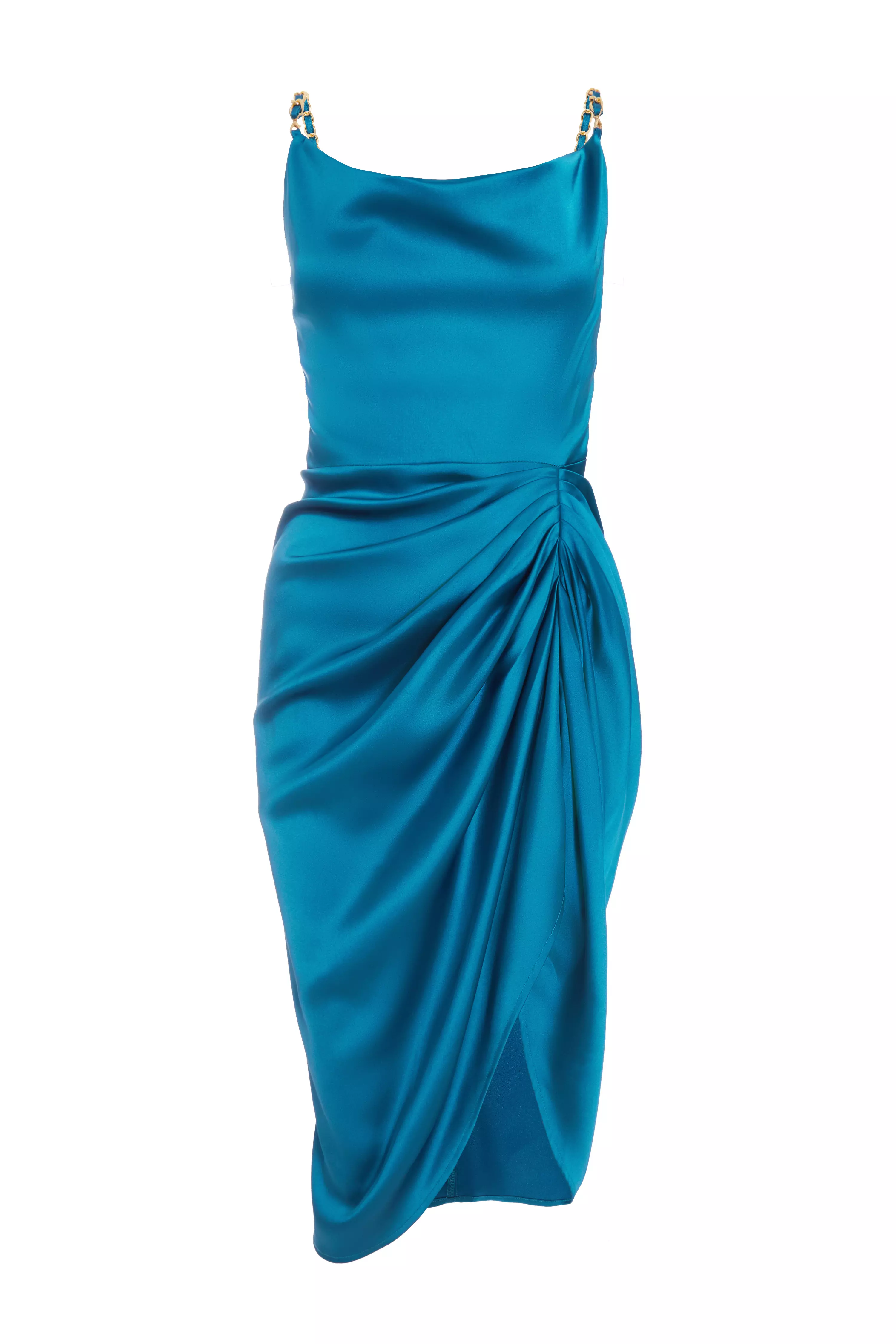 Teal Satin Ruched Midi Dress