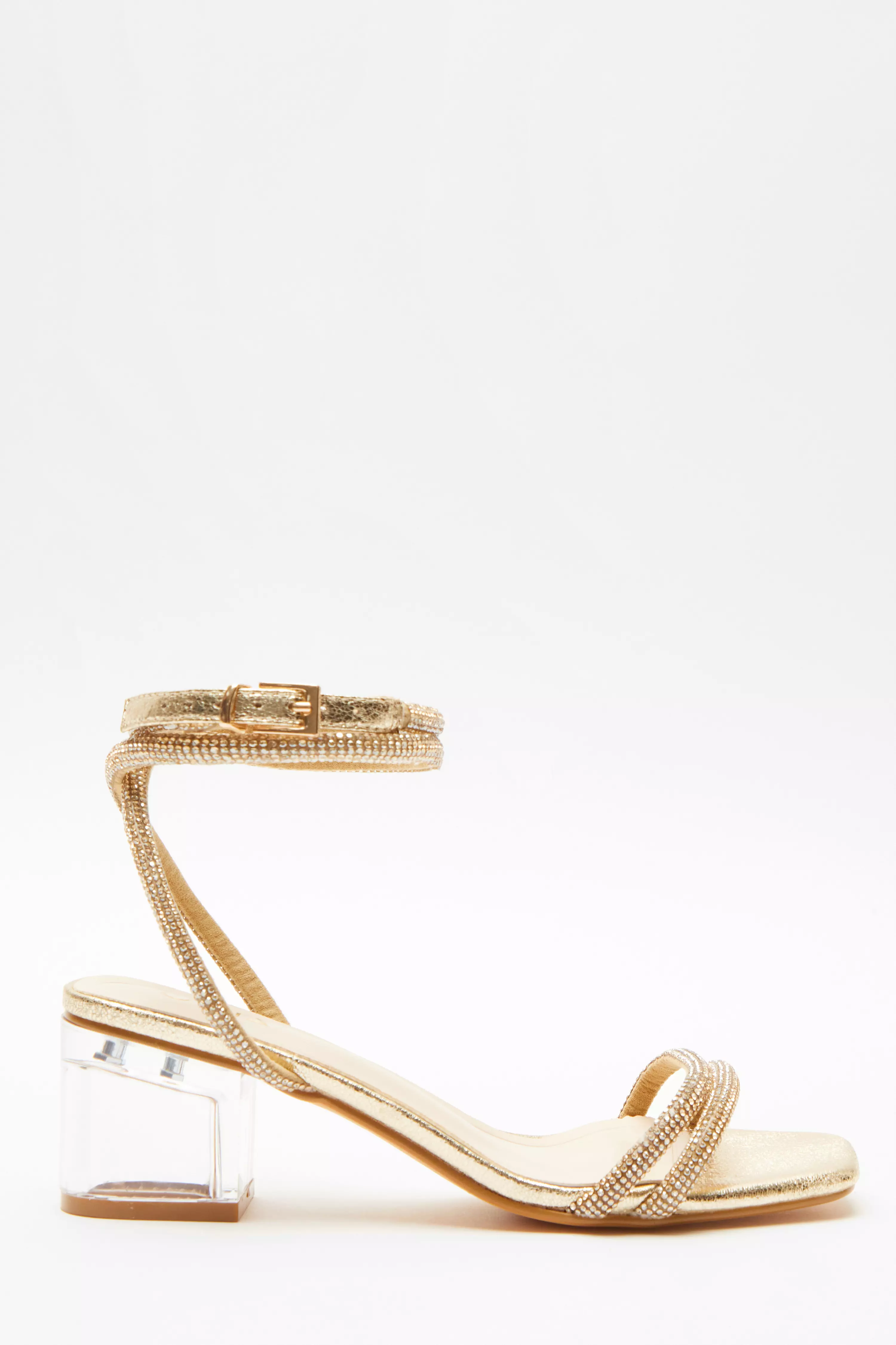 Gold Diamante Clear Low Heeled Sandals