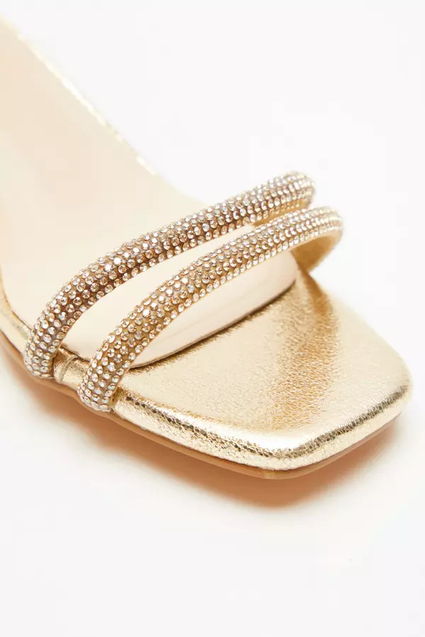 Gold Diamante Clear Low Heeled Sandals