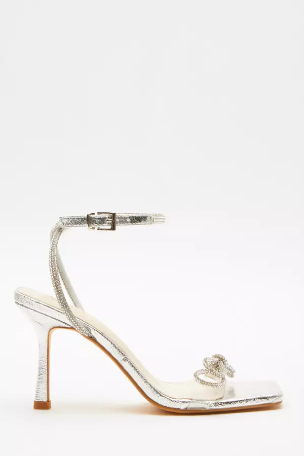 Silver Bow Heeled Sandals