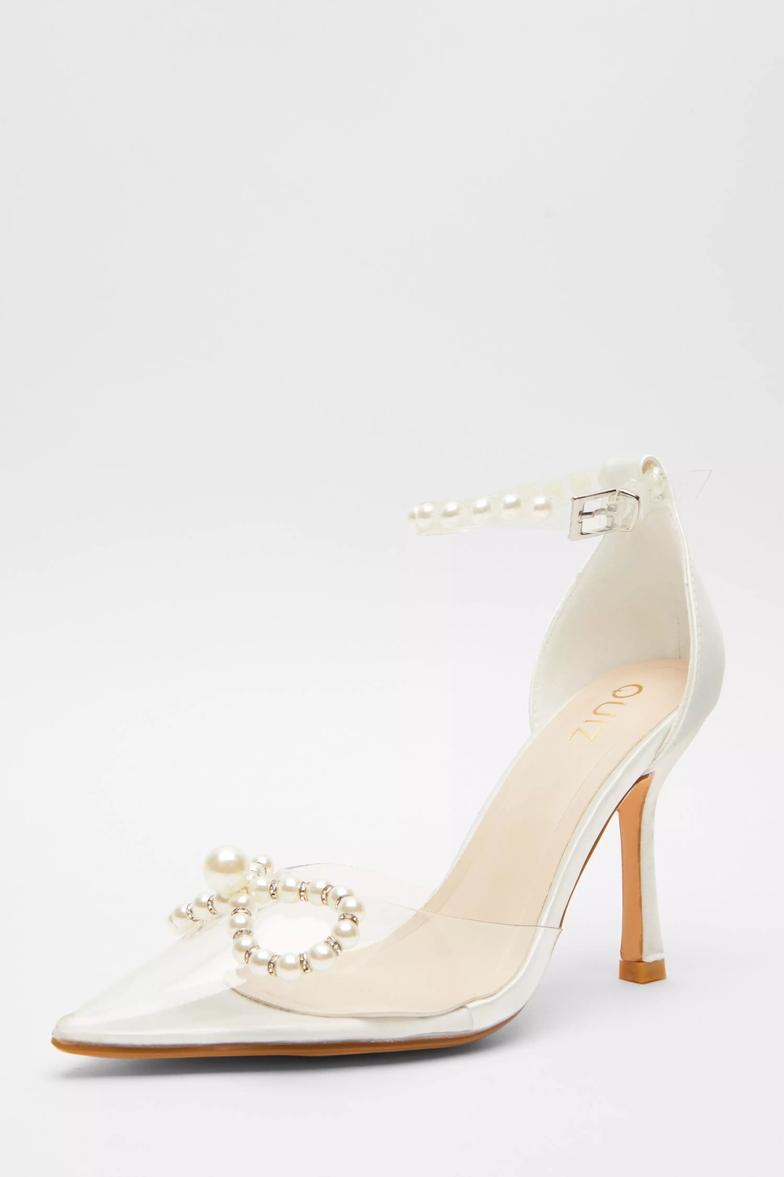 White Satin Clear Pearl Bow Court Heels