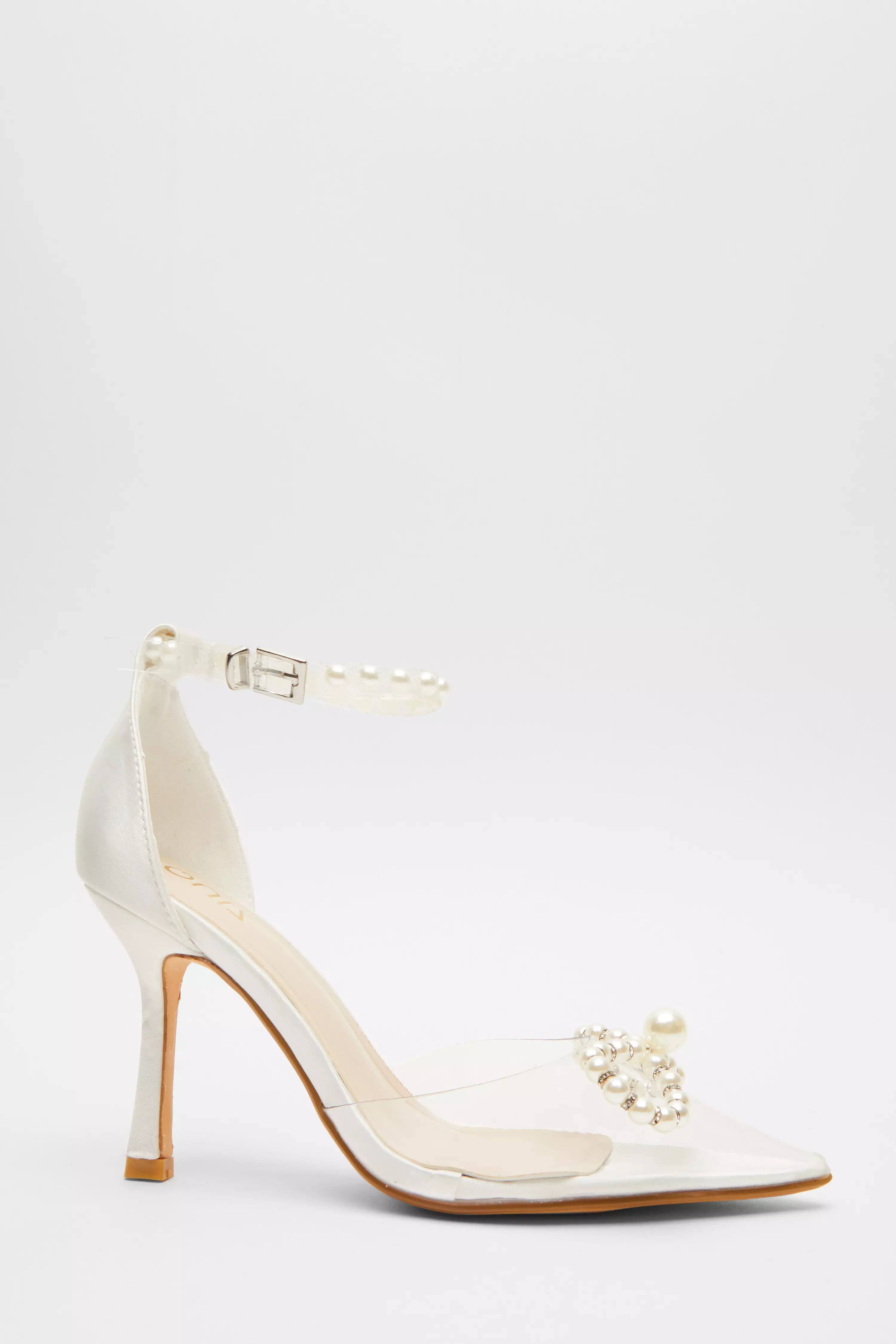 White Satin Clear Pearl Bow Court Heels