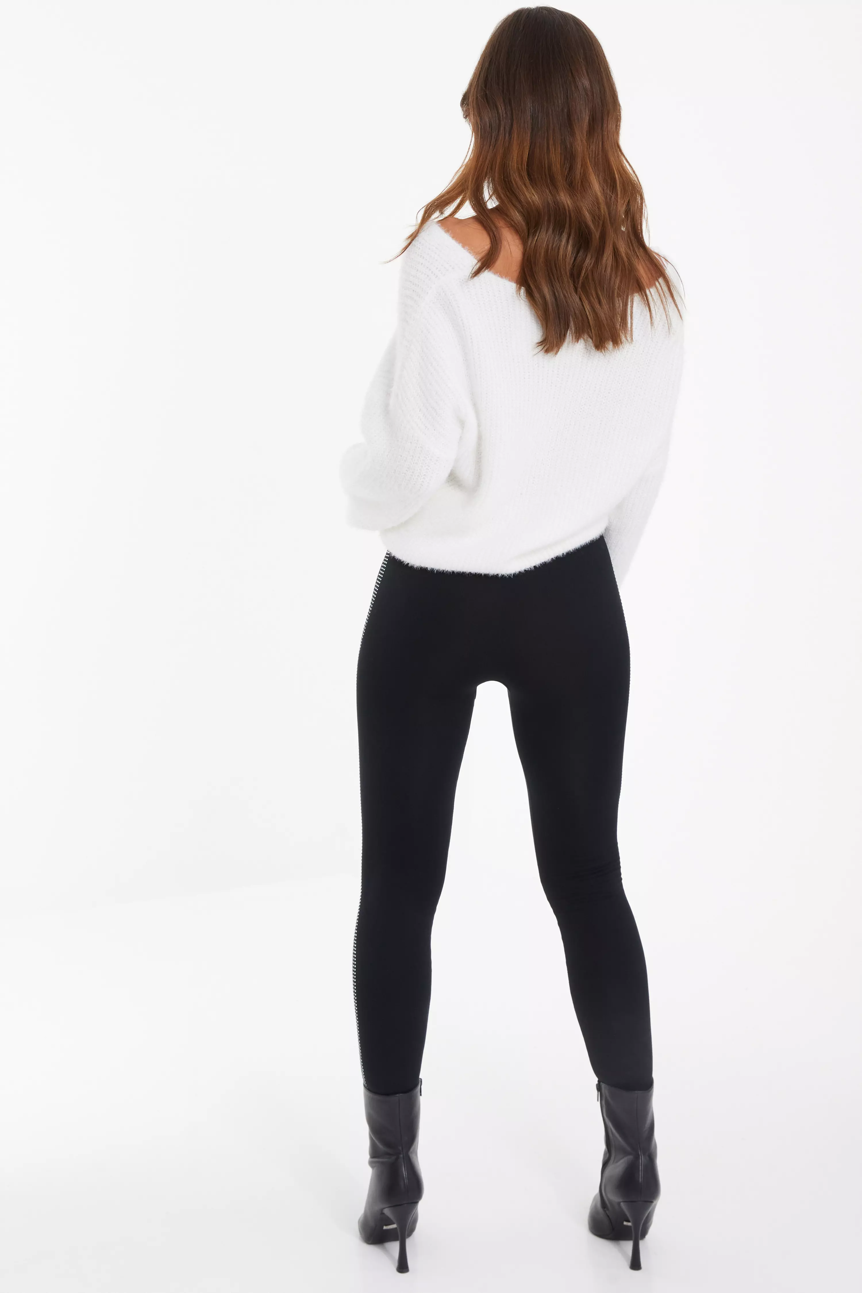 Black Fleece Diamante Trim Leggings<!-- --> - <!-- -->QUIZ Clothing