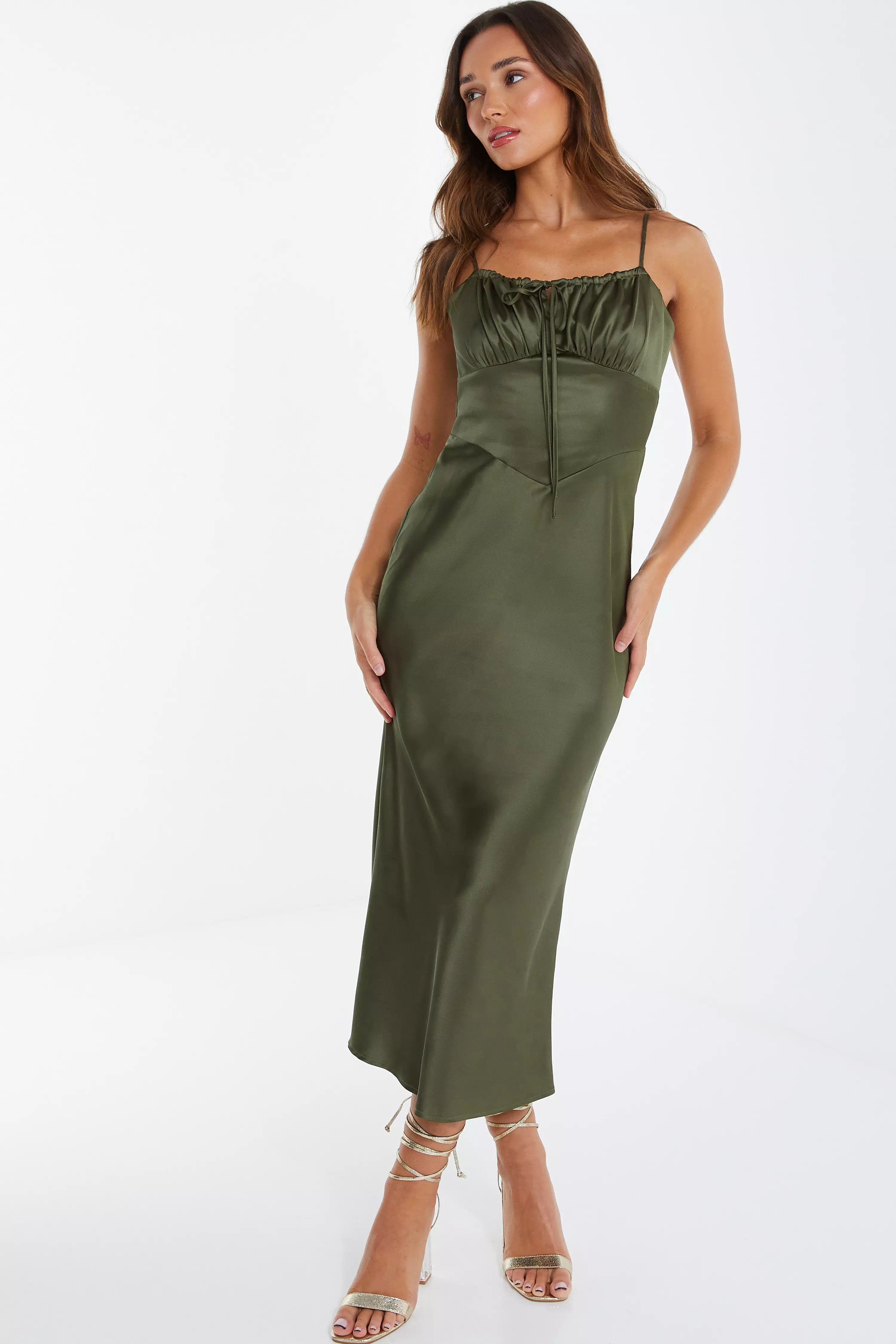 Khaki Satin Midi Slip Dress