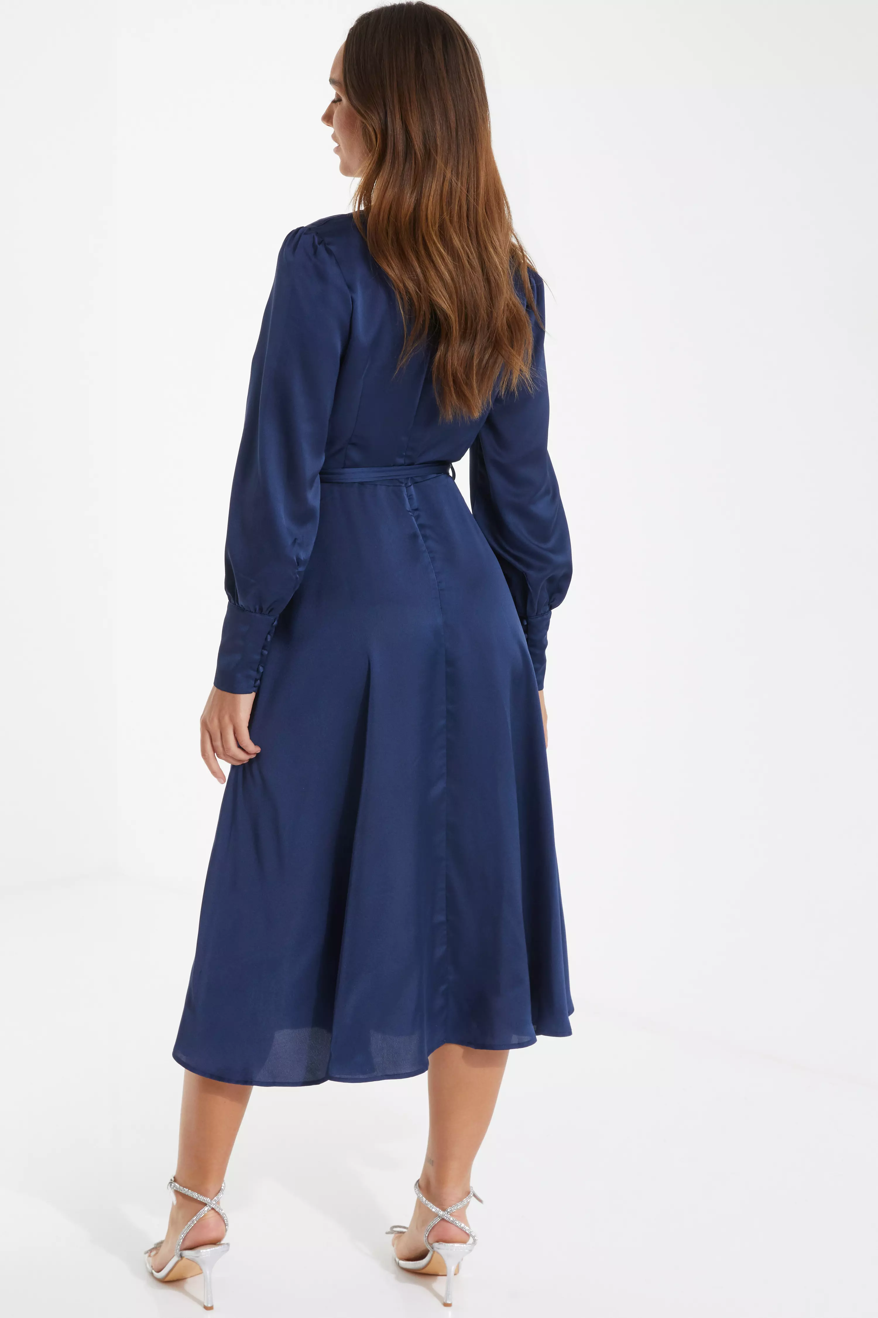 Navy Satin Long Sleeve Wrap Midi Dress