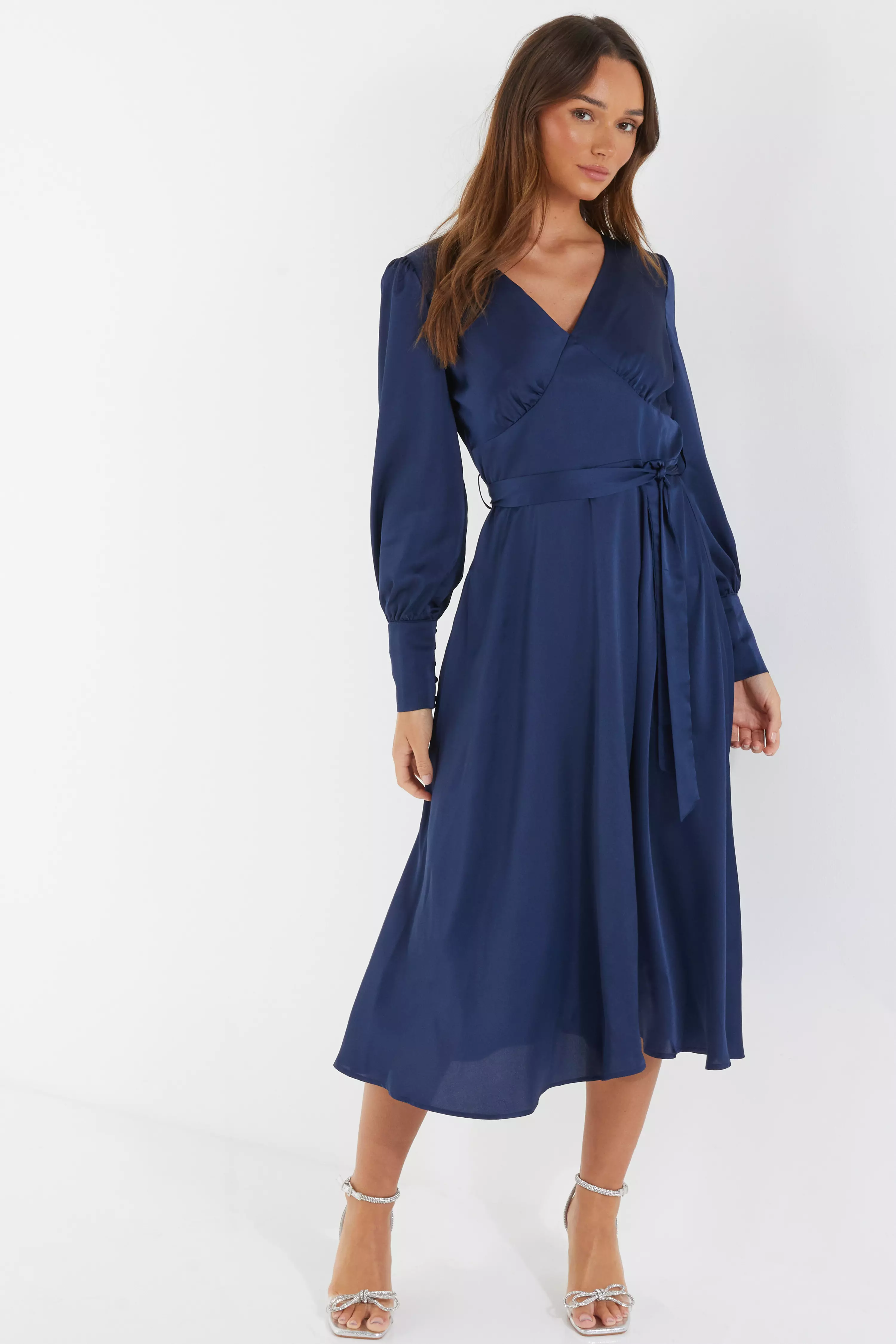 Navy Satin Long Sleeve Wrap Midi Dress