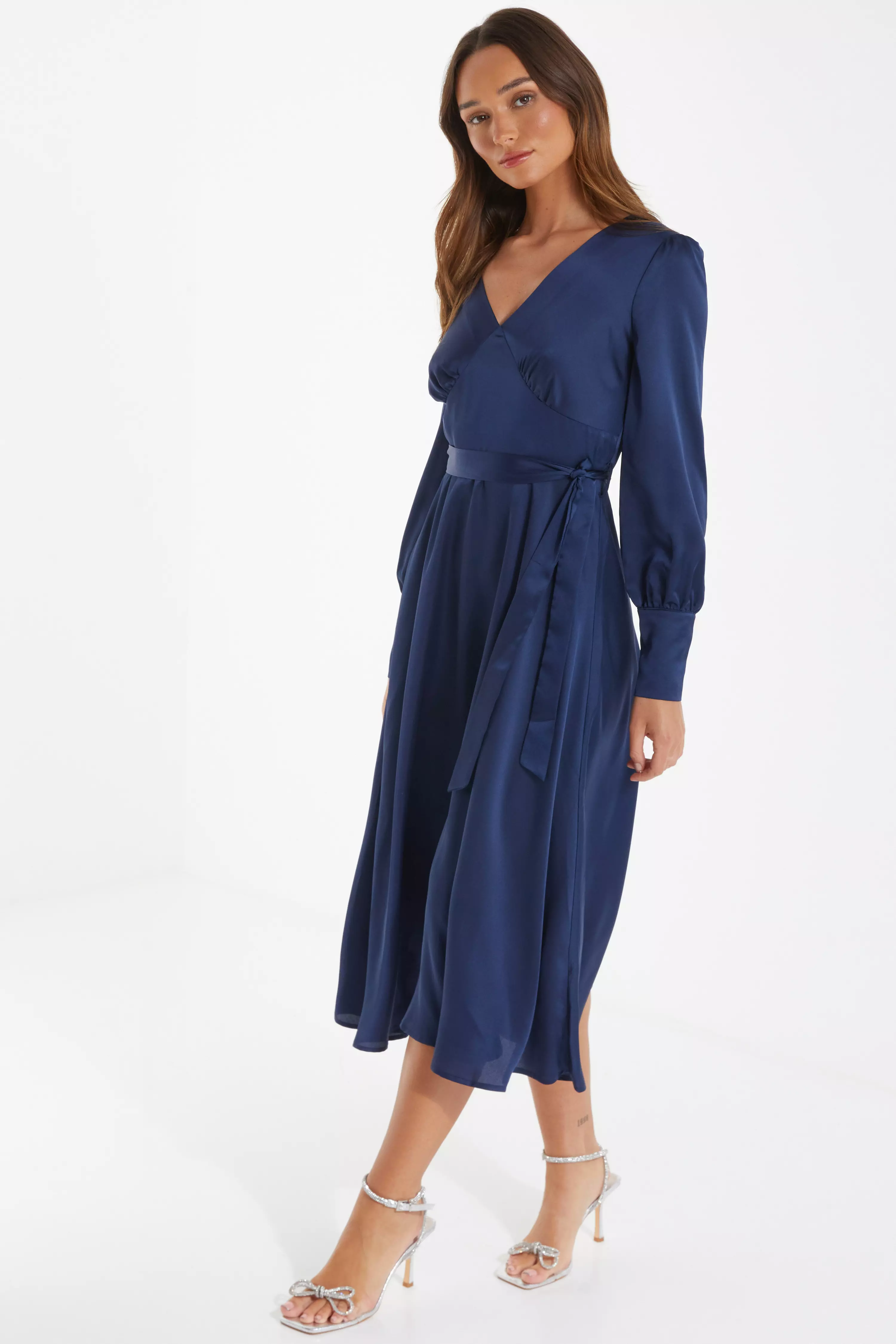 Navy Satin Long Sleeve Wrap Midi Dress