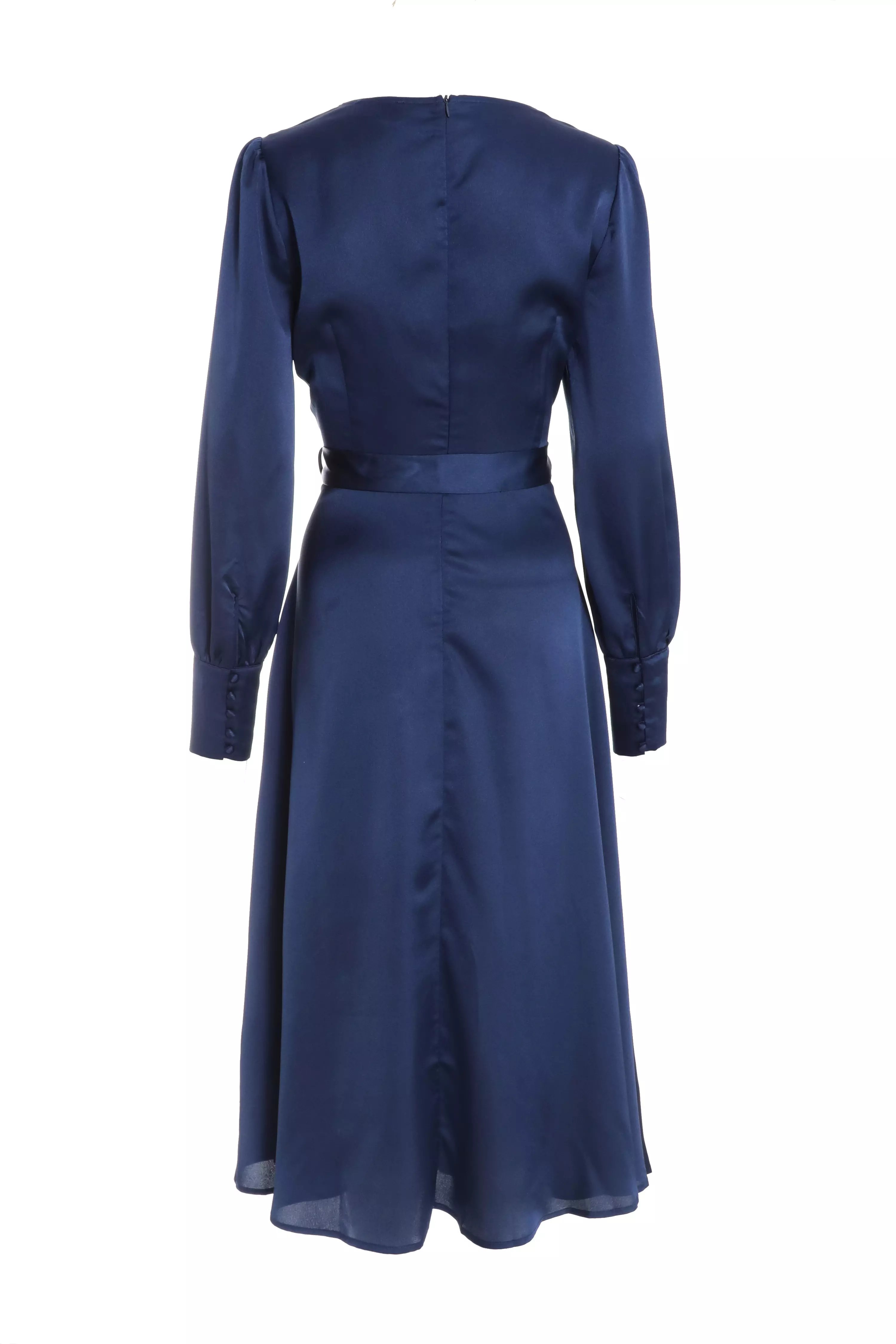 Navy Satin Long Sleeve Wrap Midi Dress