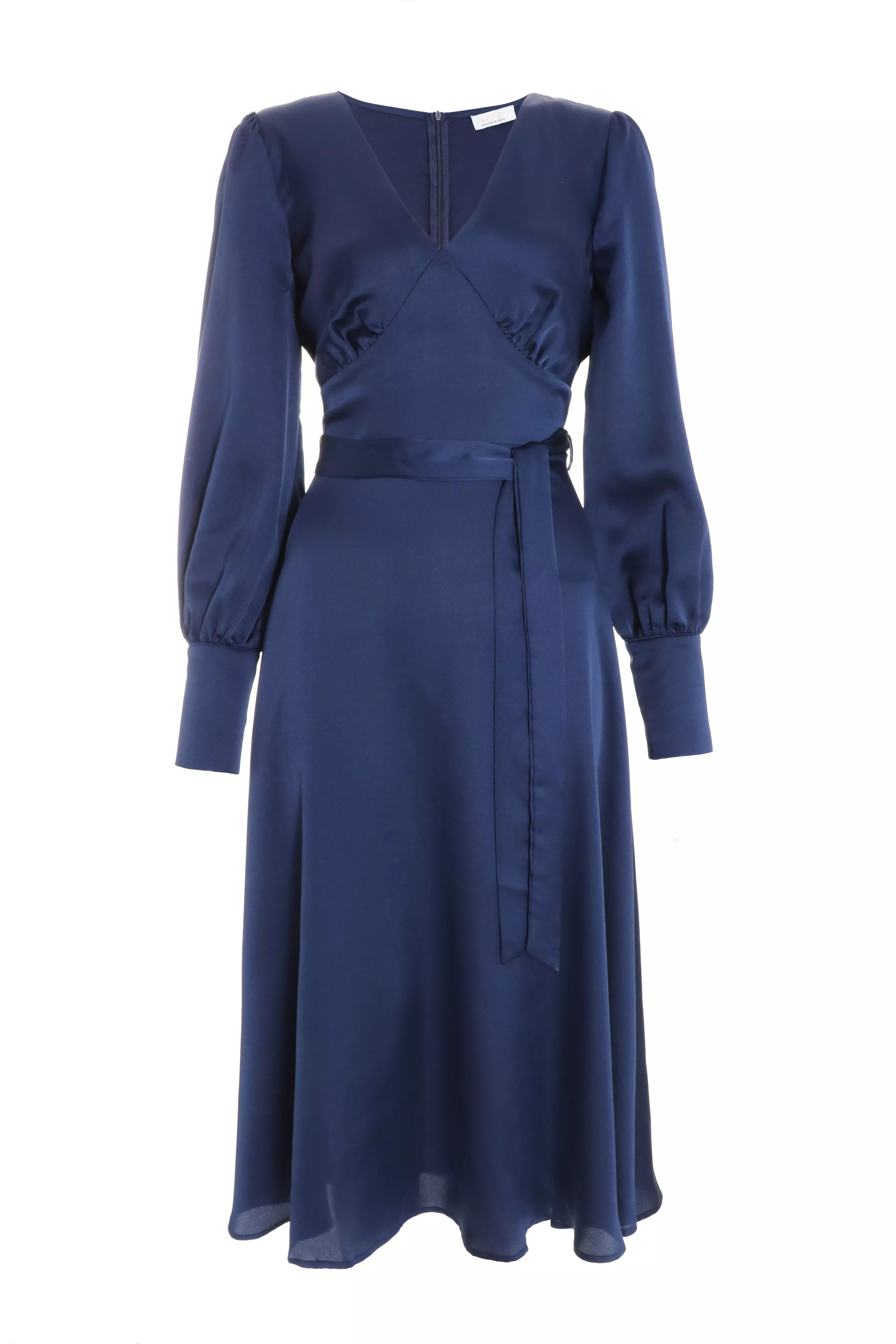 Navy Satin Long Sleeve Wrap Midi Dress