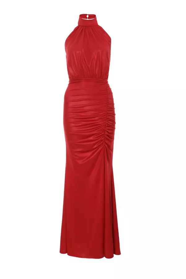 Red Halter Neck Ruched Maxi Dress