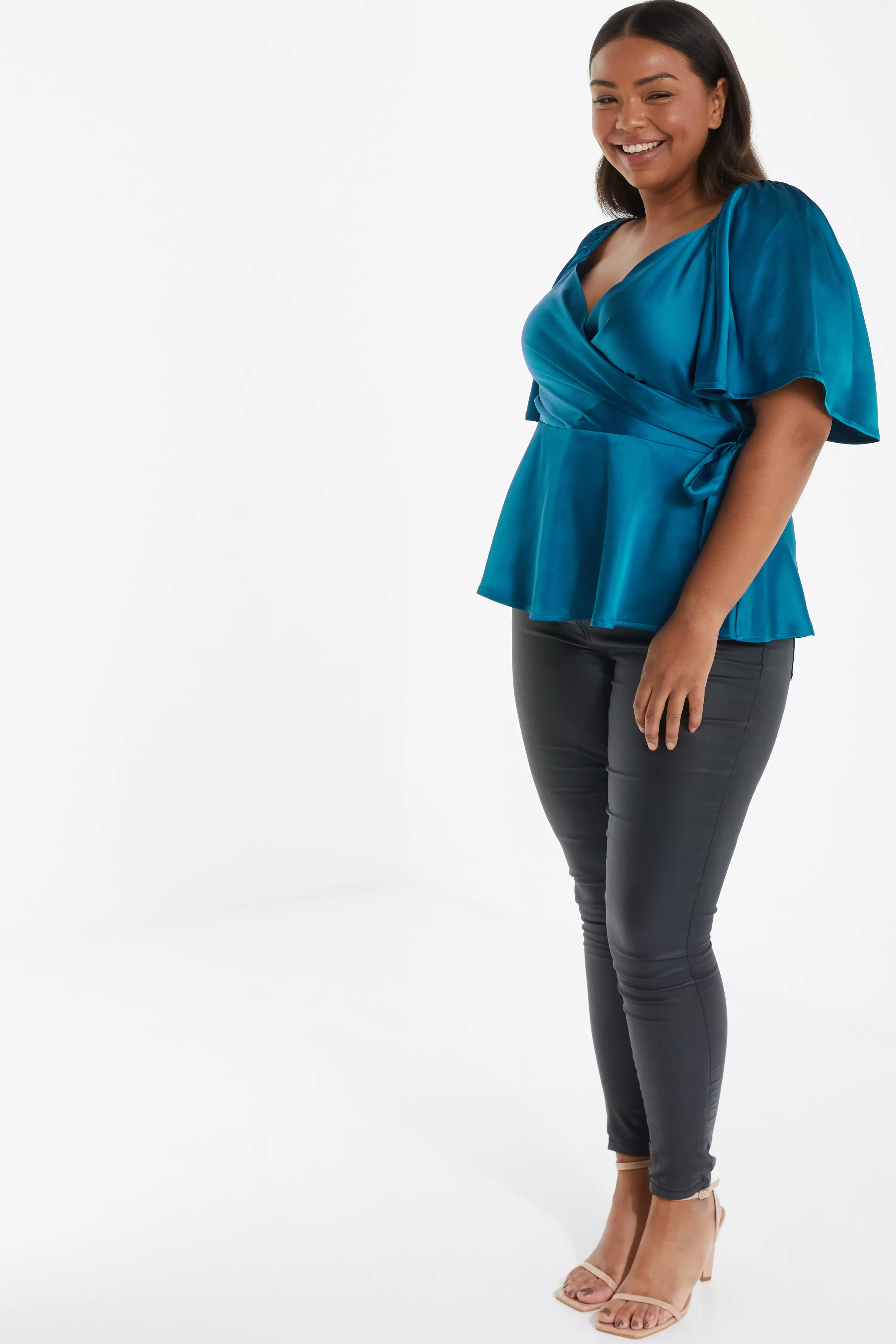 Curve Teal Wrap Peplum Top