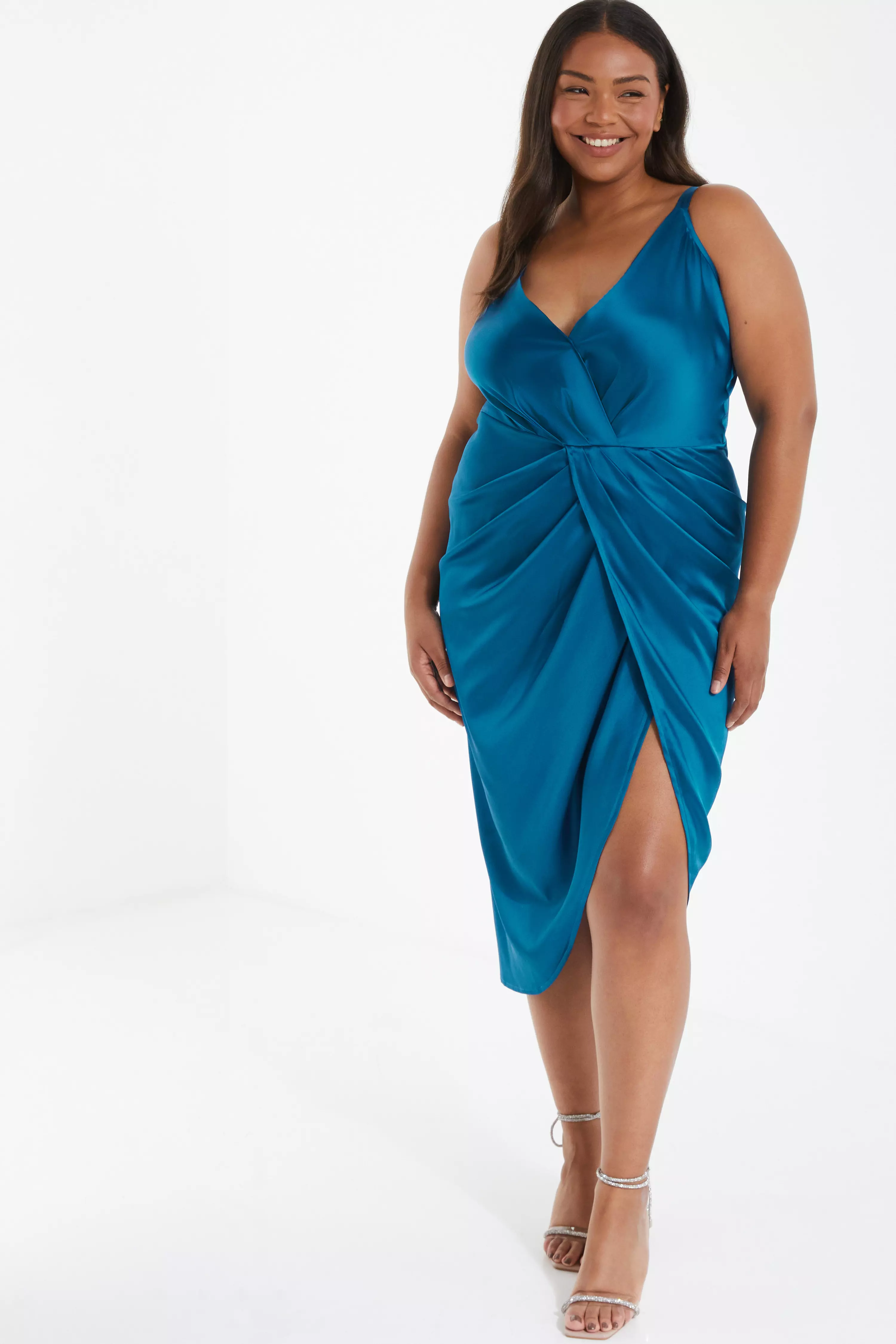 Curve Teal Satin Ruched Midi Dress