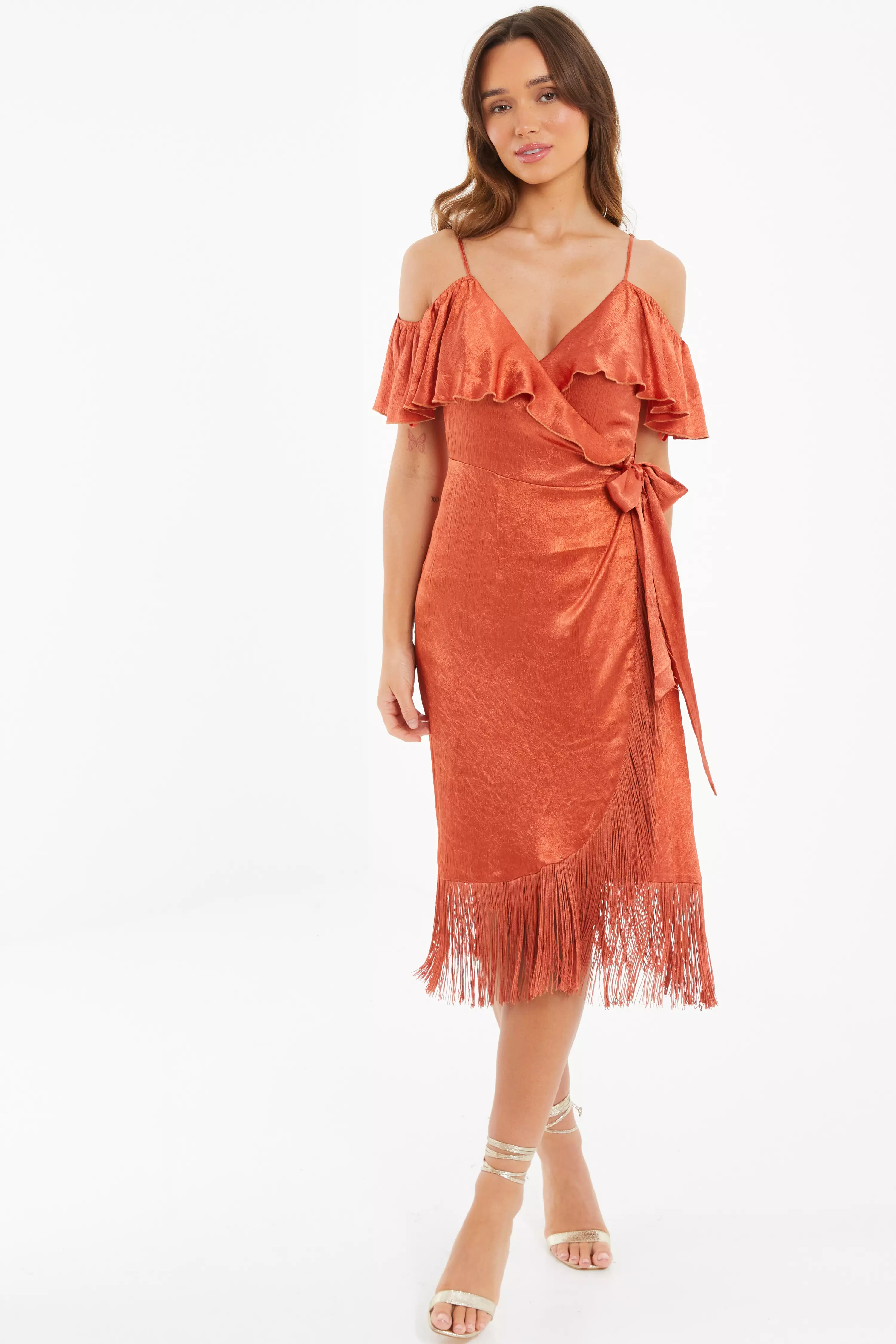 Rust Satin Cold Shoulder Fringe Hem Midi Dress