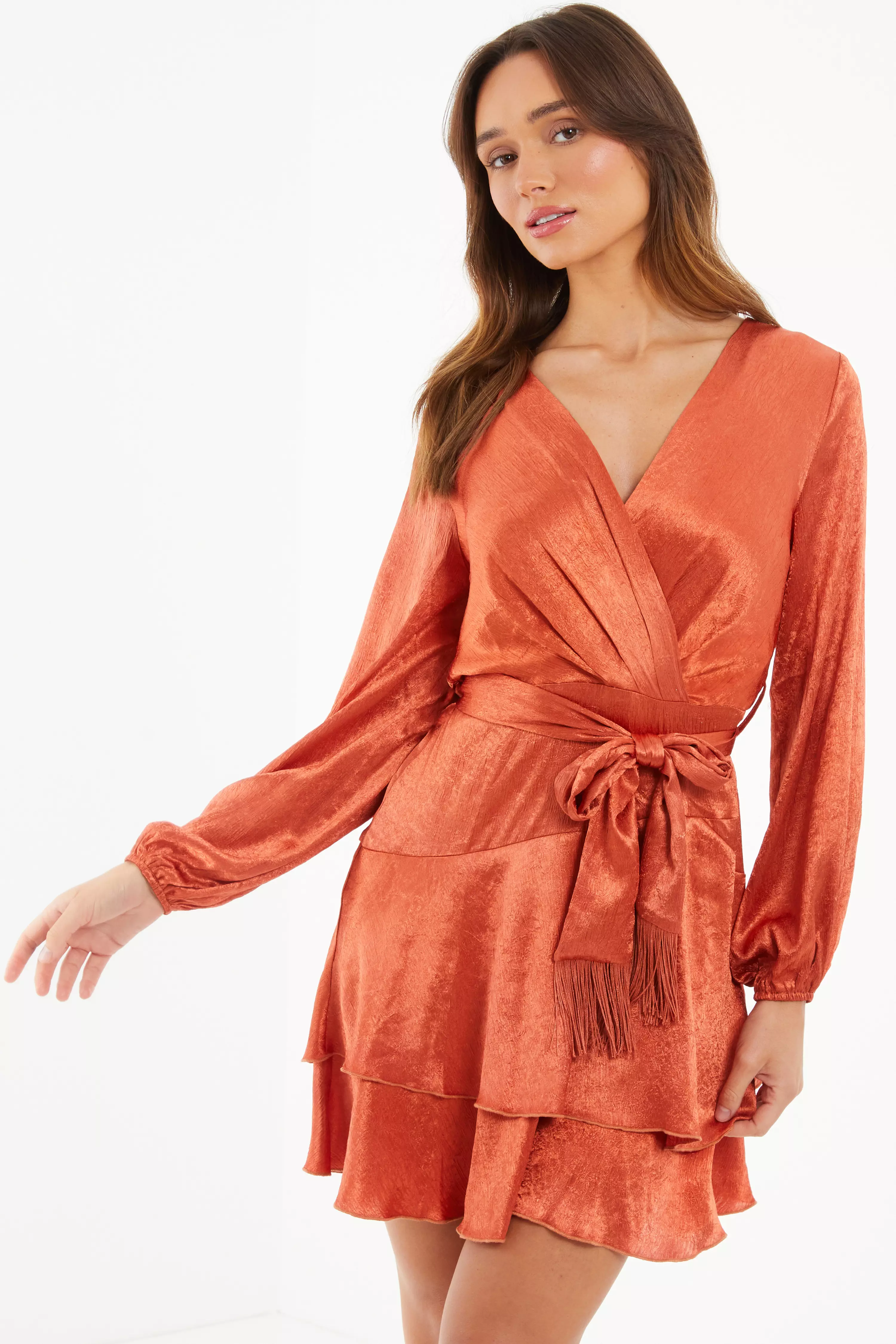 Rust Satin Fringe Wrap Skater Dress