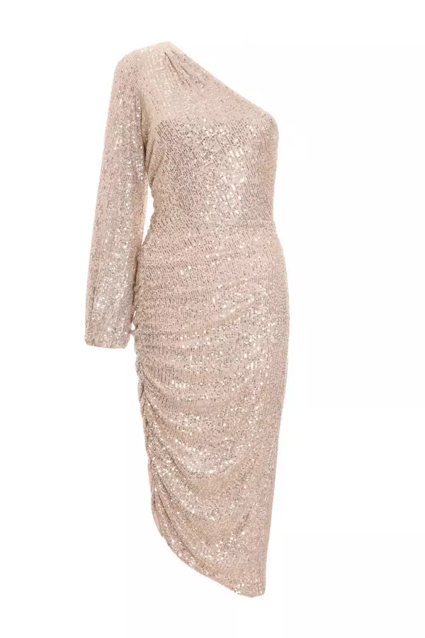 Champagne Sequin One Shoulder Midi Dress