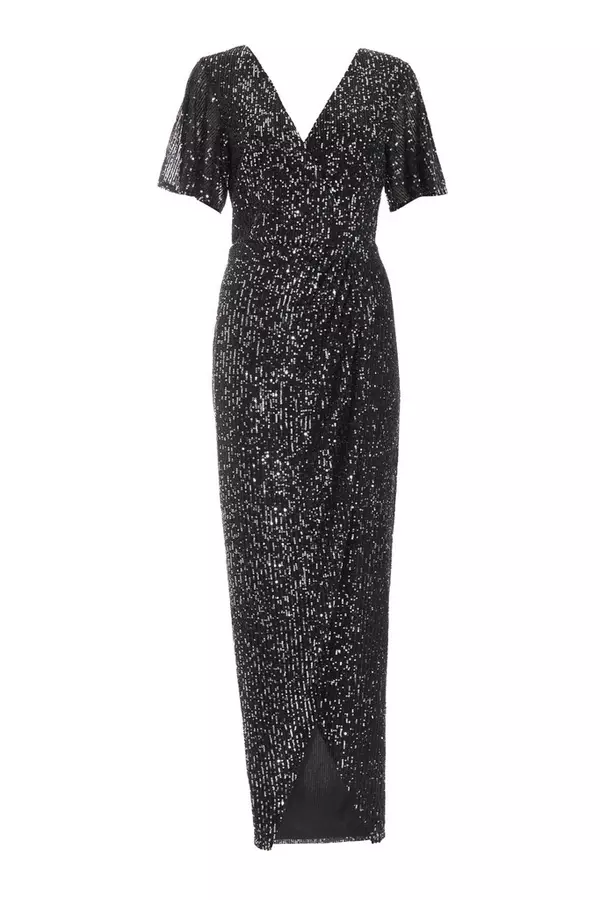 Black Sequin Wrap Maxi Dress