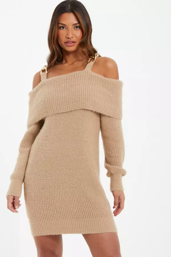 Stone Knitted Cold Shoulder Jumper Dress