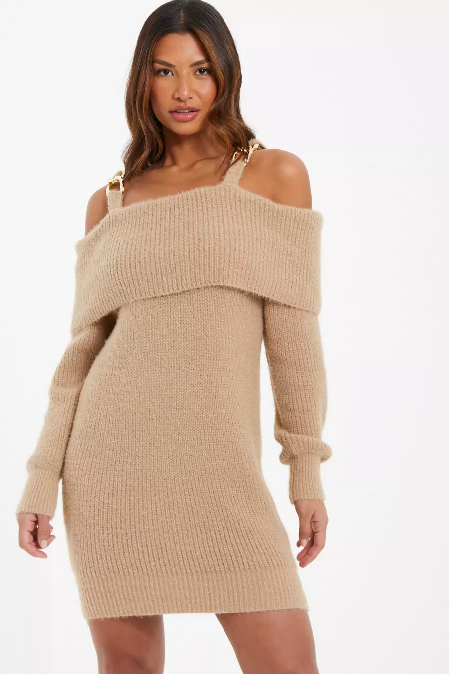 Stone Knitted Cold Shoulder Jumper Dress QUIZ Clothing