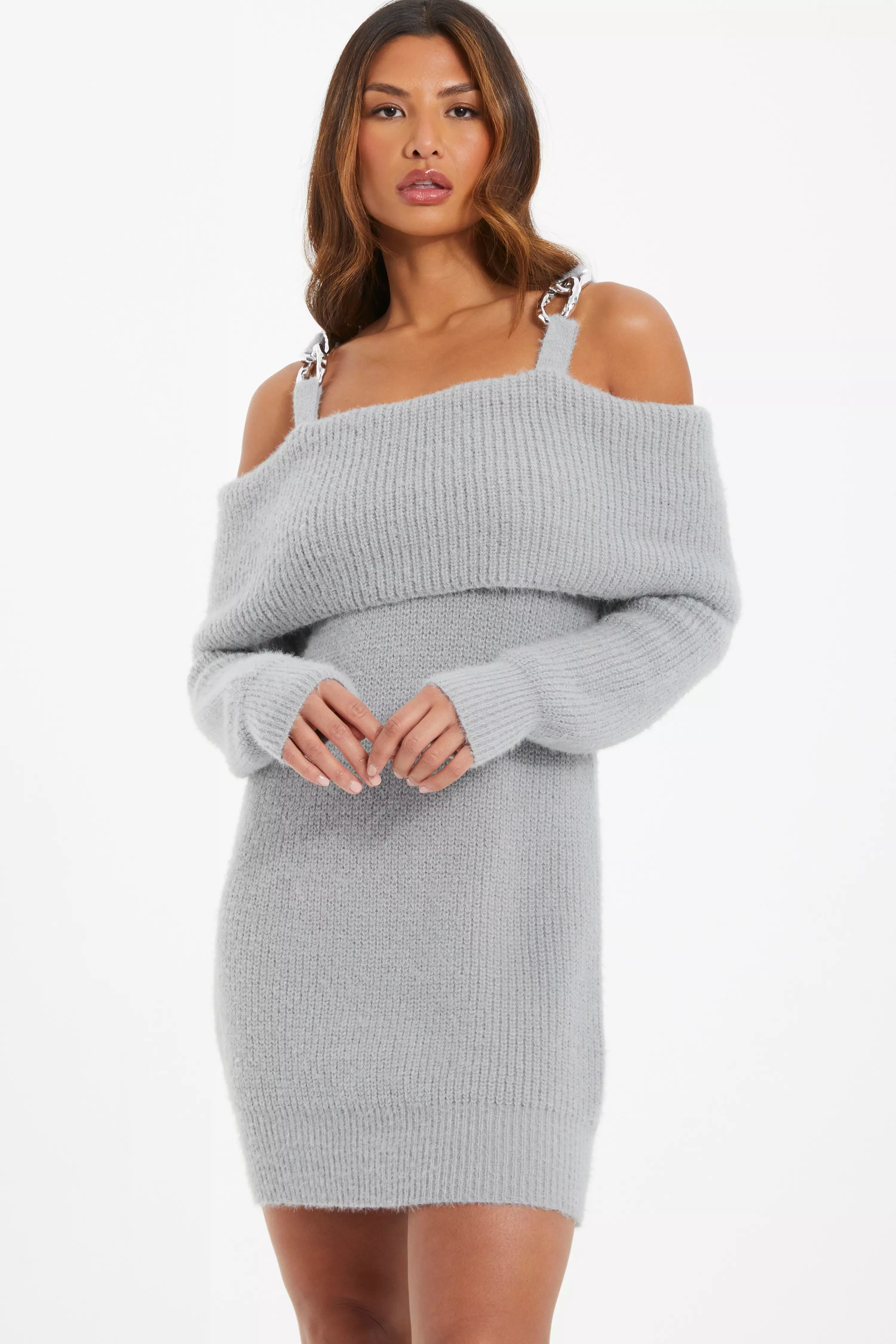 Grey Knitted Cold Shoulder Jumper Dress