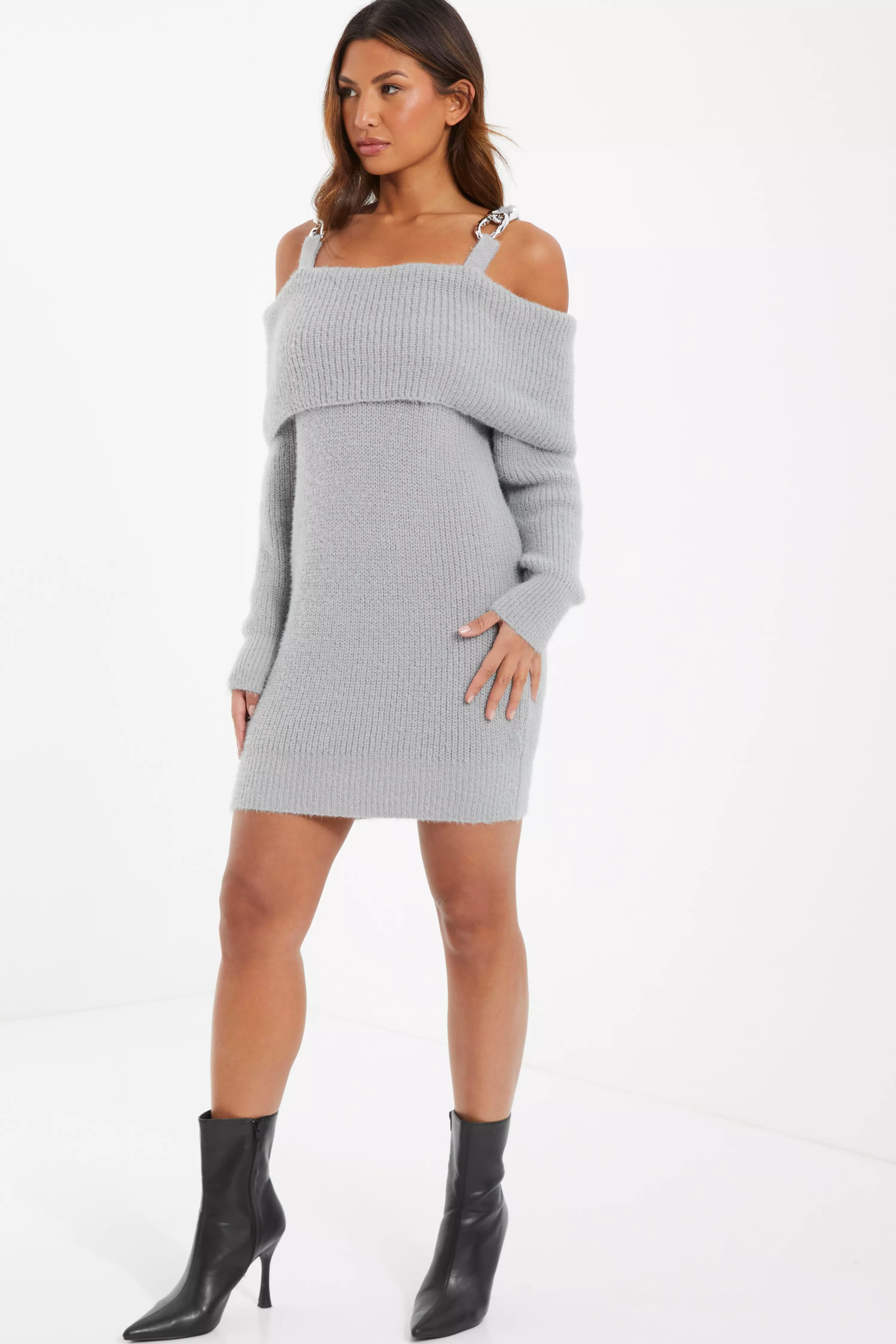 Grey Knitted Cold Shoulder Jumper Dress