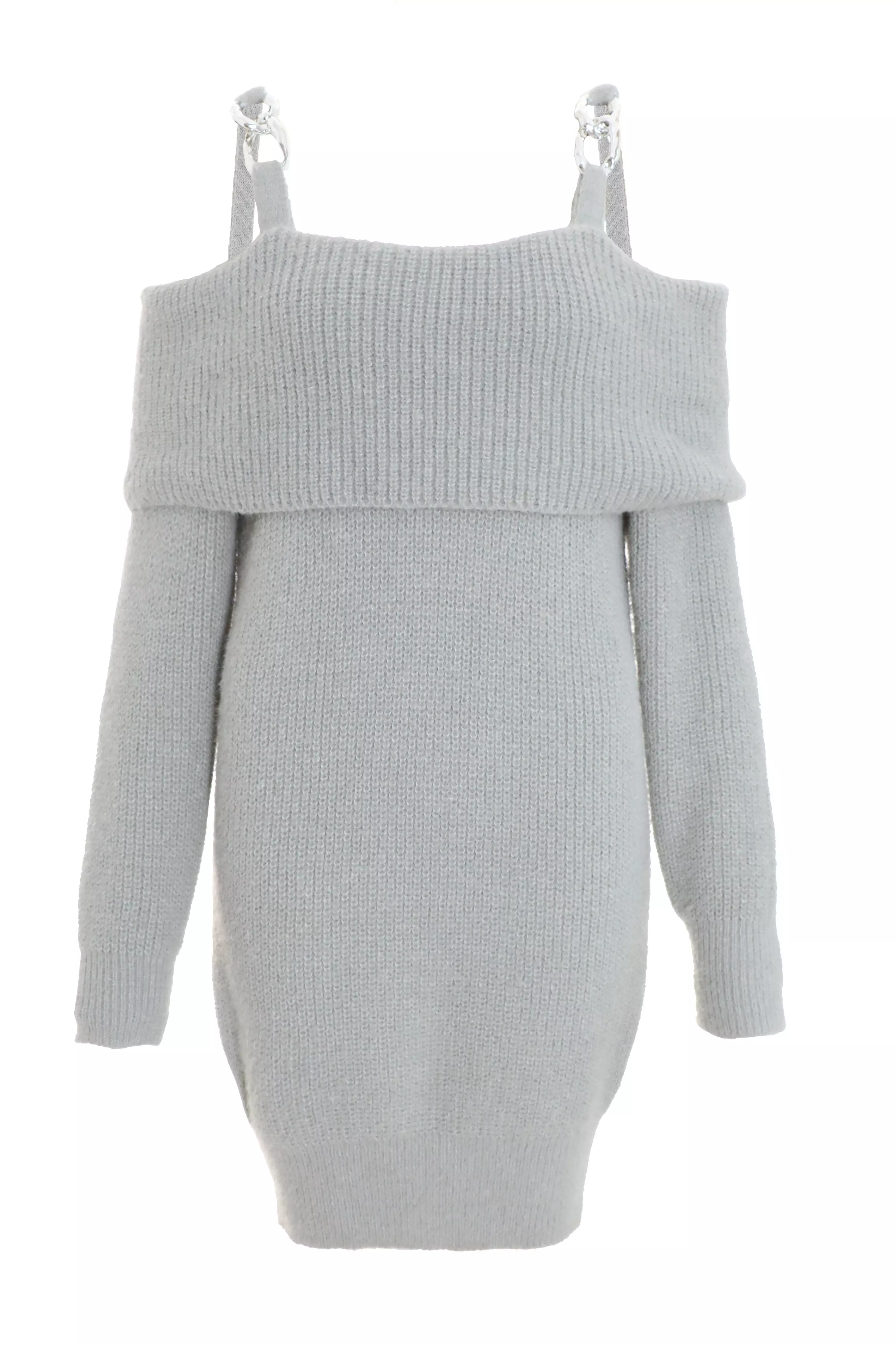 Grey Knitted Cold Shoulder Jumper Dress