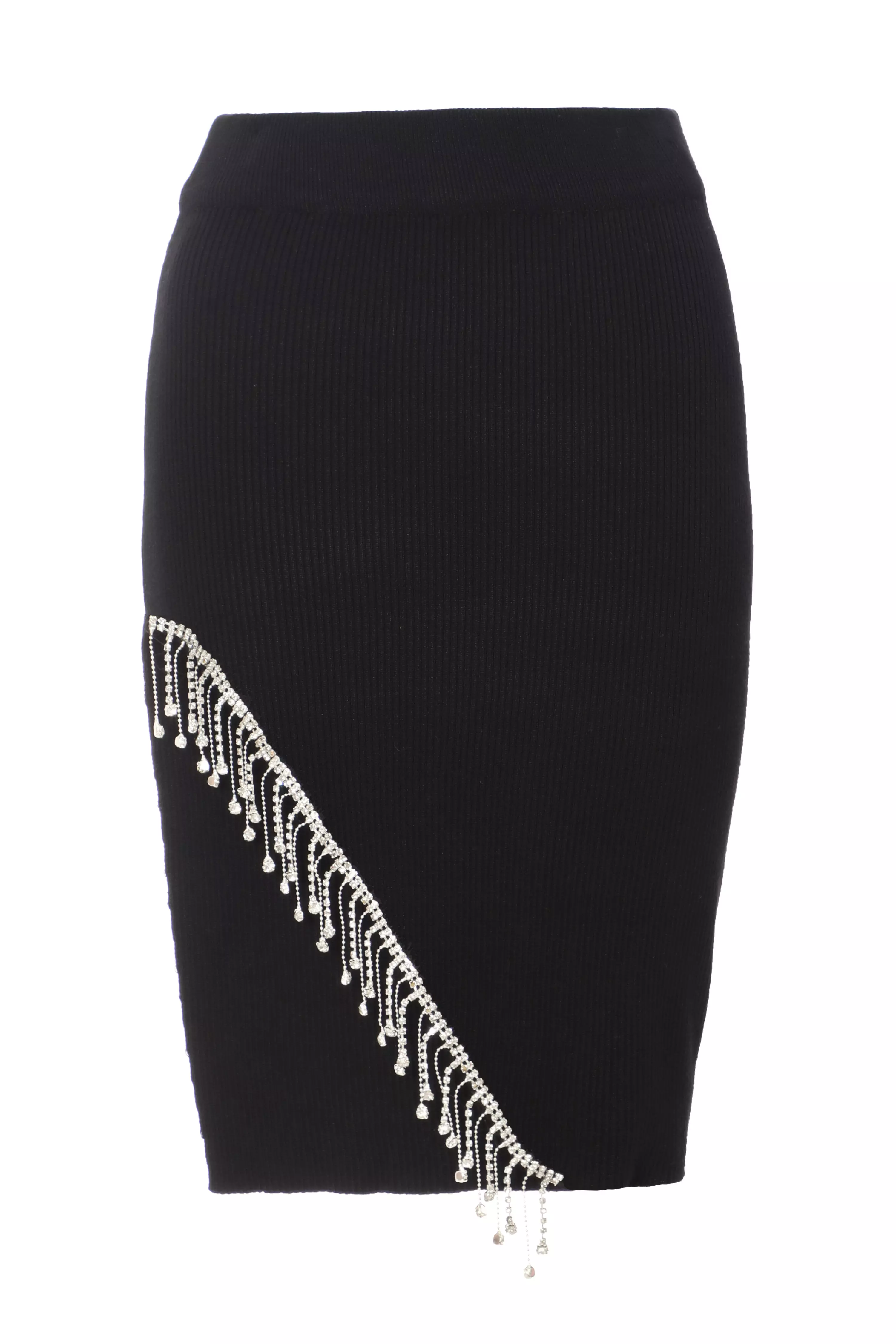 Black Knitted Split Hem Embellished Mini Skirt