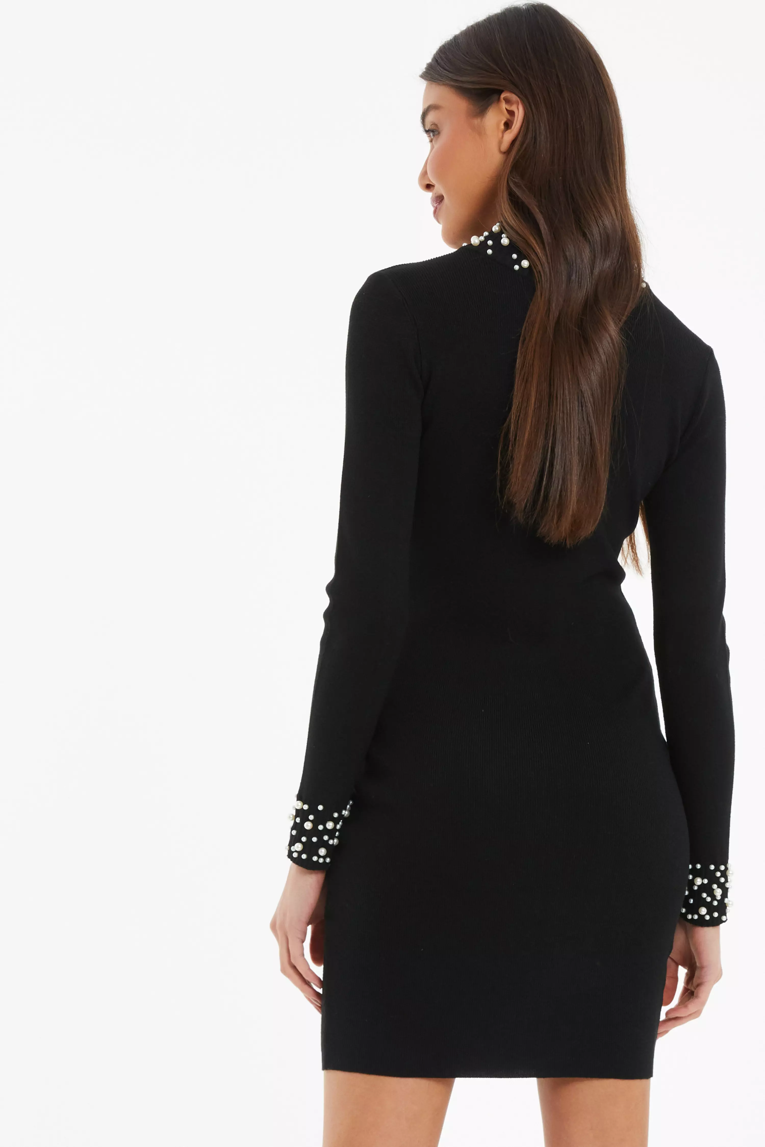 Black Knitted Pearl Bodycon Jumper Dress
