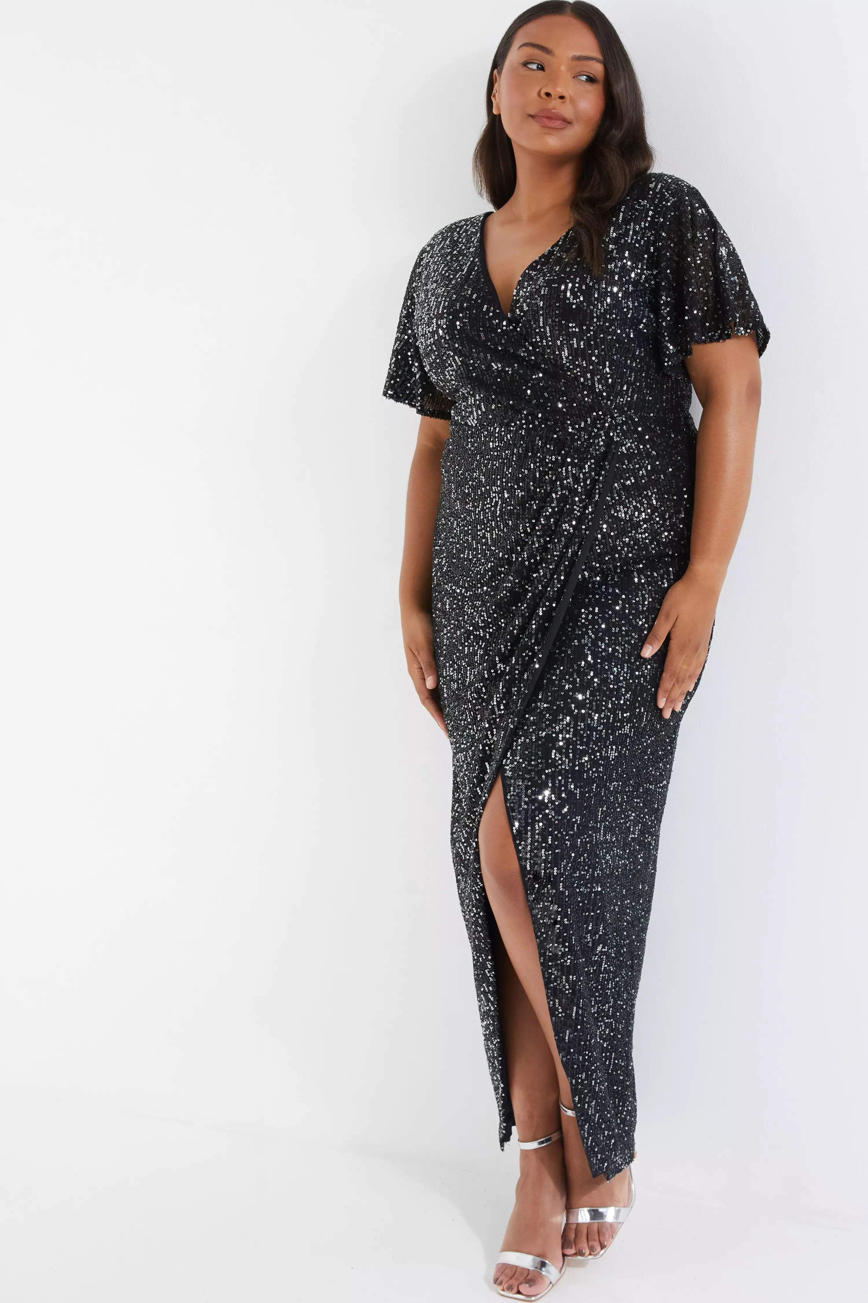 Curve Black Sequin Wrap Maxi Dress