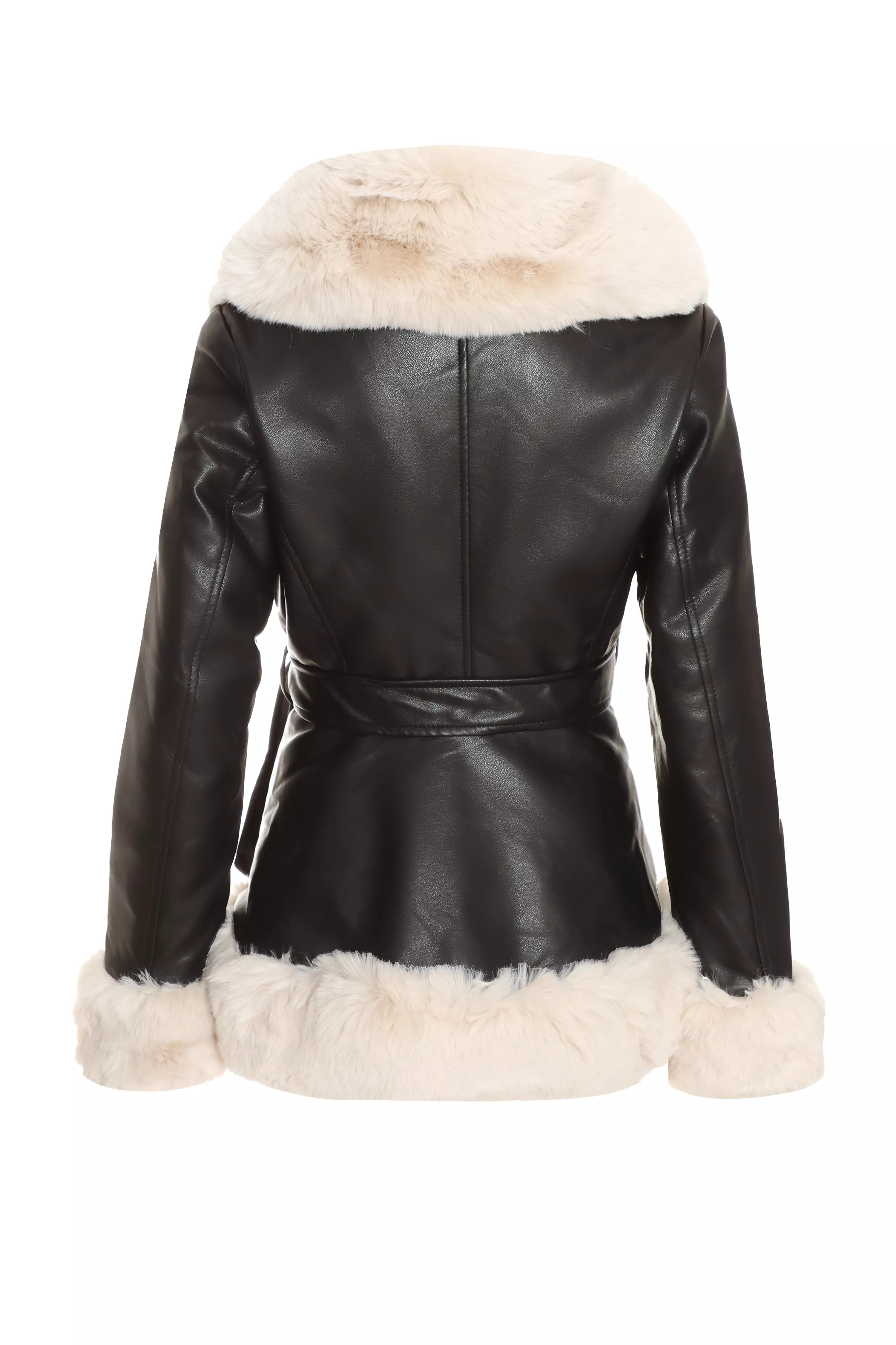 Black Faux Fur Trim Belted Jacket