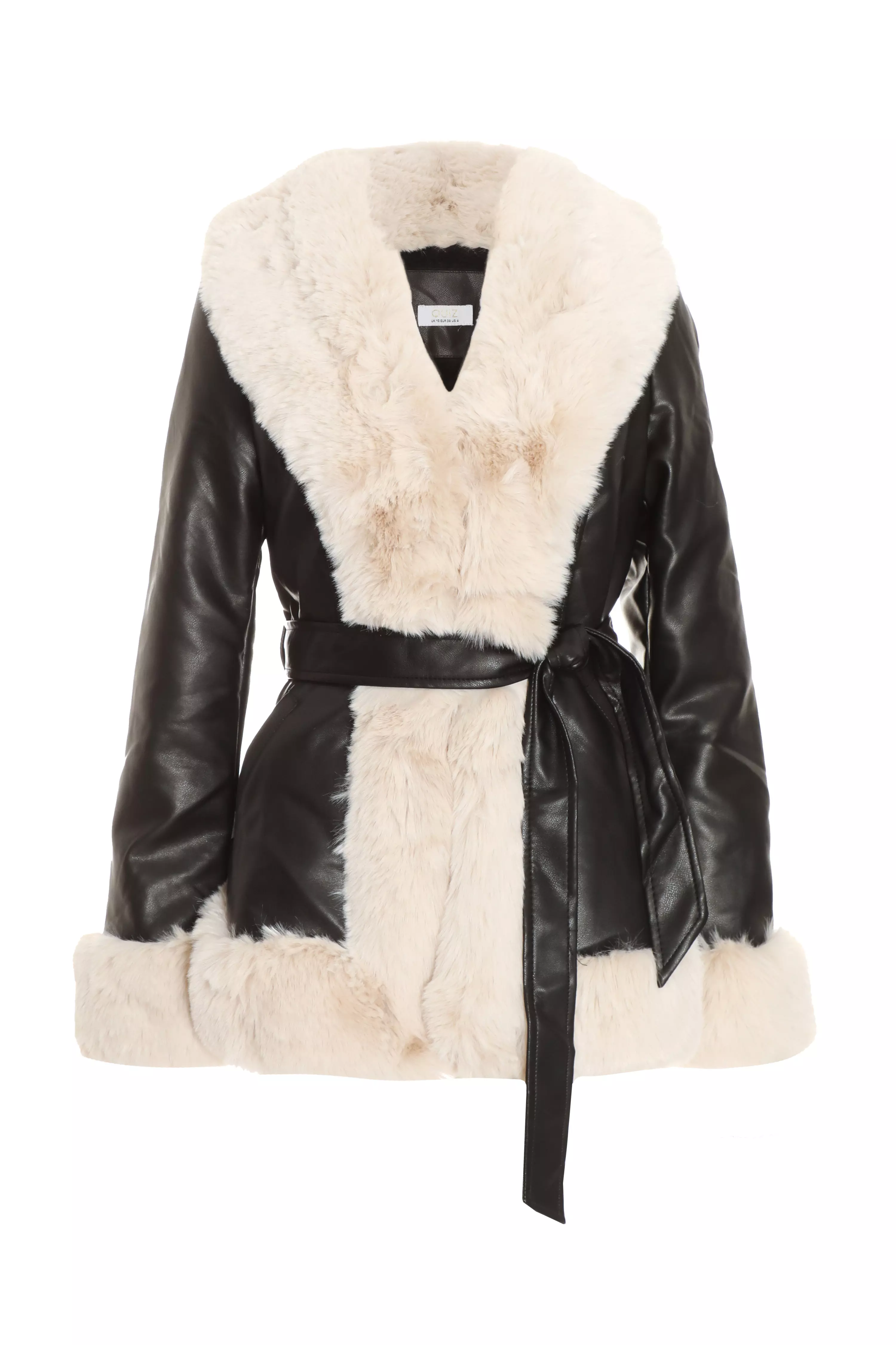 Black Faux Fur Trim Belted Jacket