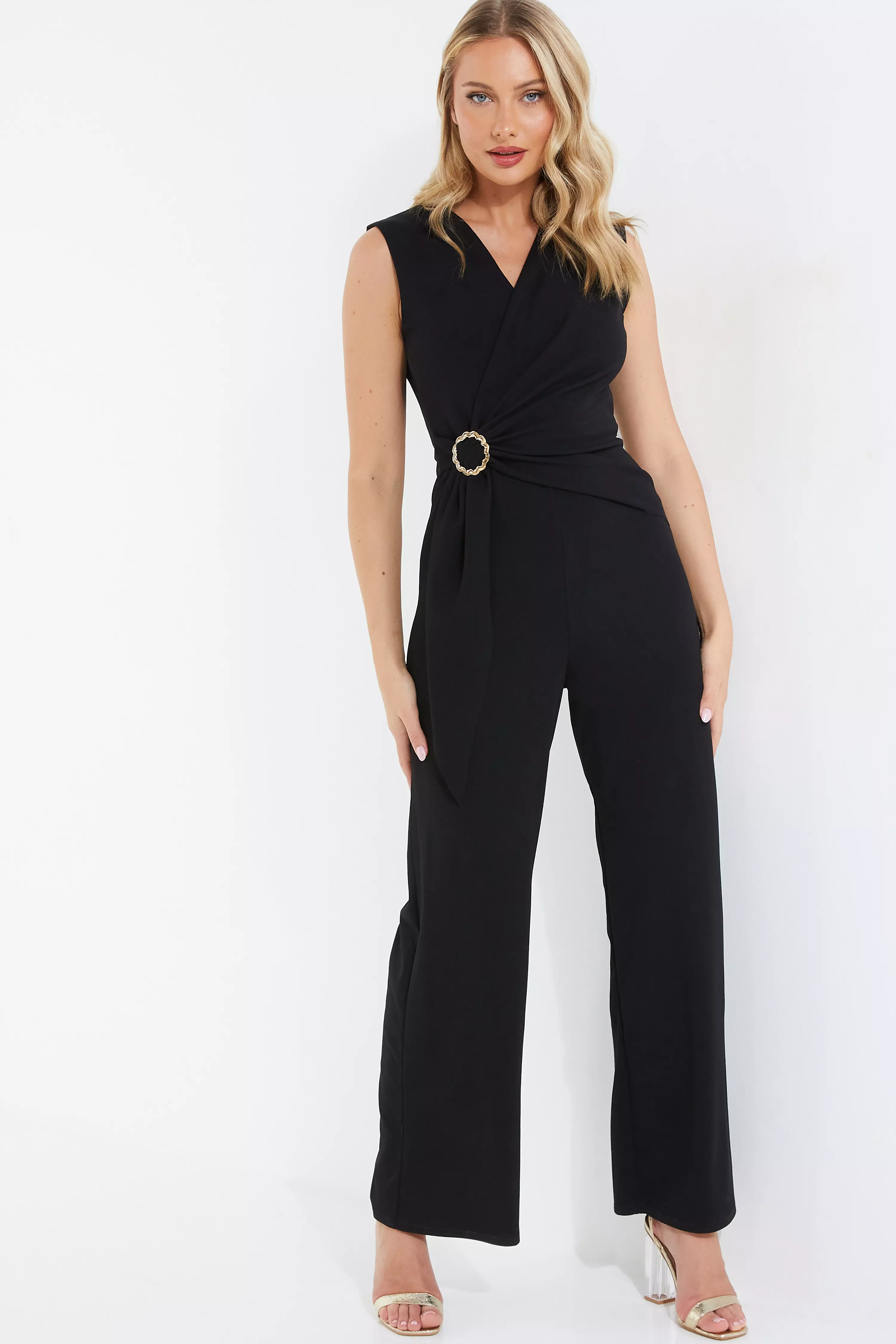 Black Ruched Waist Palazzo Jumpsuit