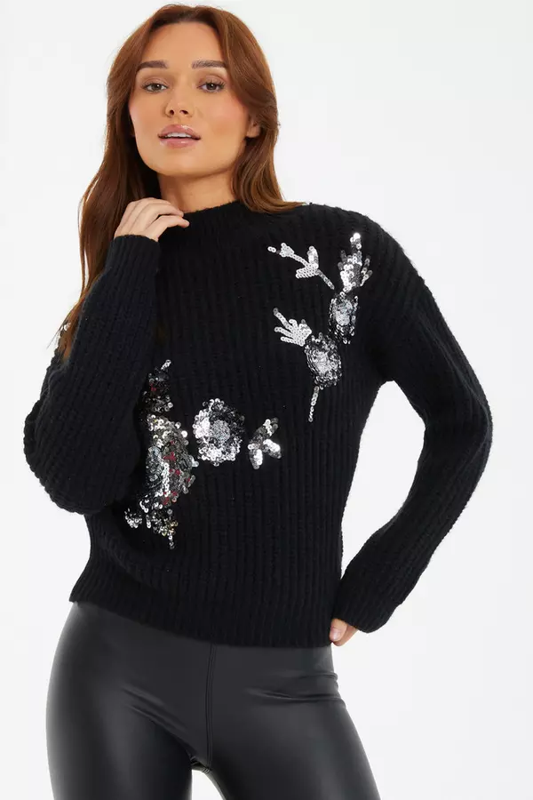 Black Sequin Floral Knitted Jumper