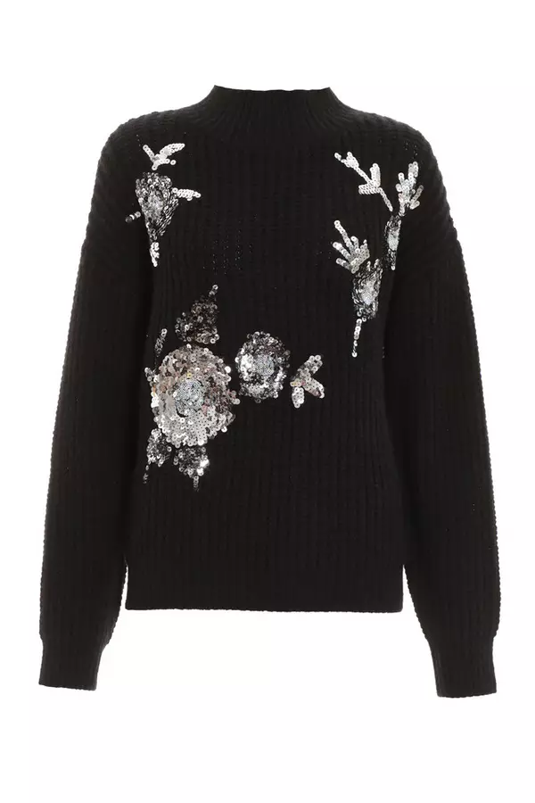 Black Sequin Floral Knitted Jumper