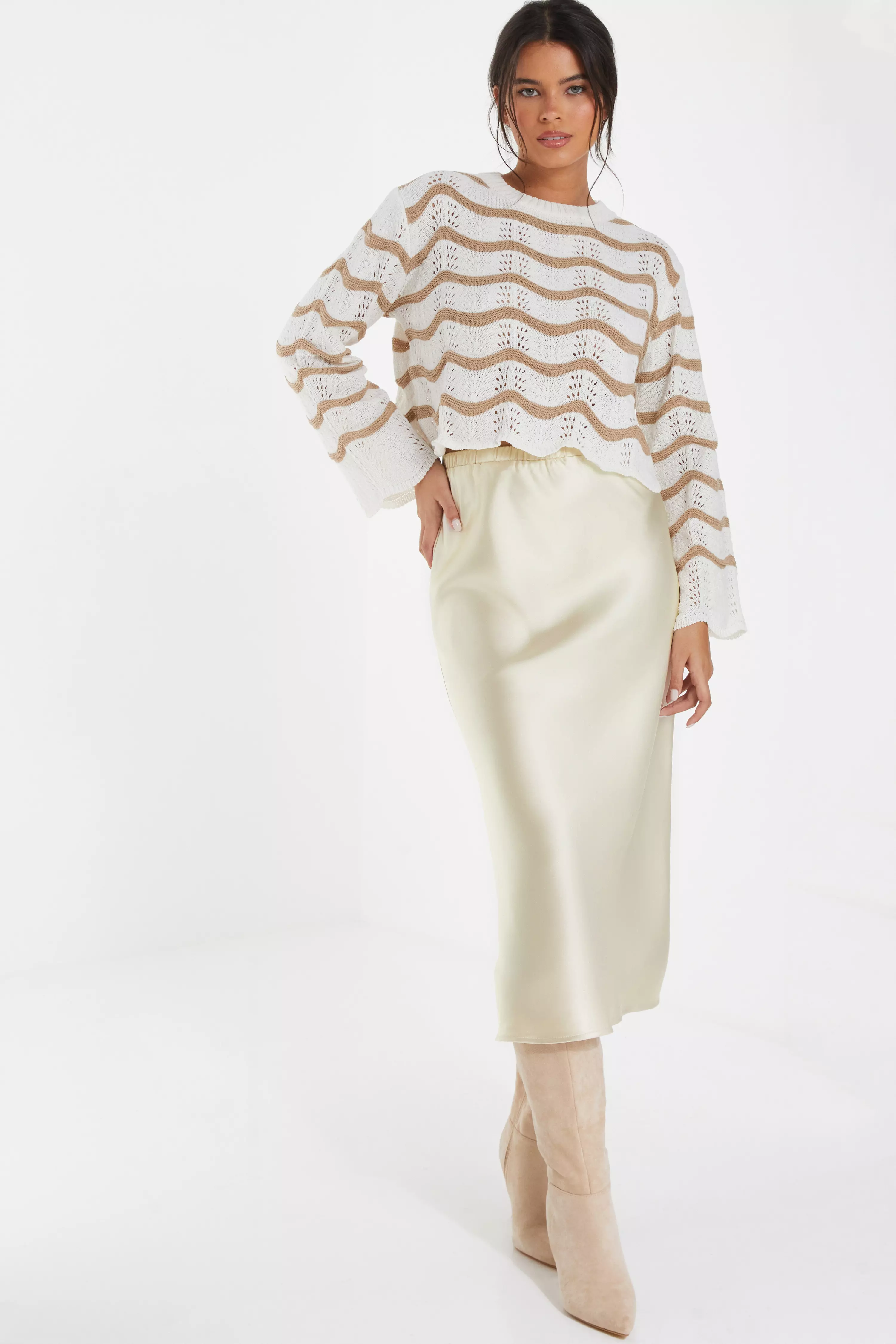 Cream Wavy Print Knitted Cropped Jumper