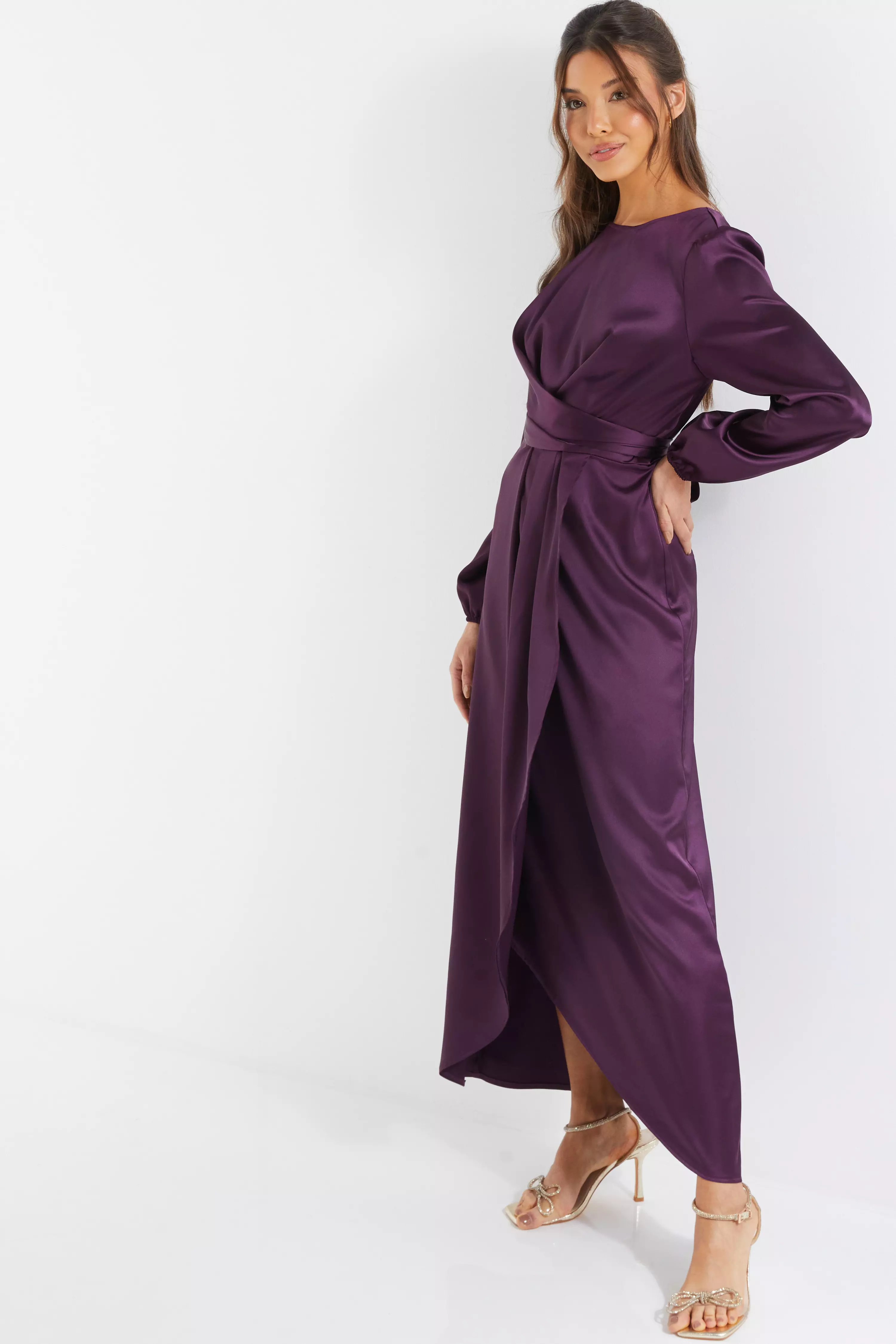 Purple Satin Wrap Maxi Dress