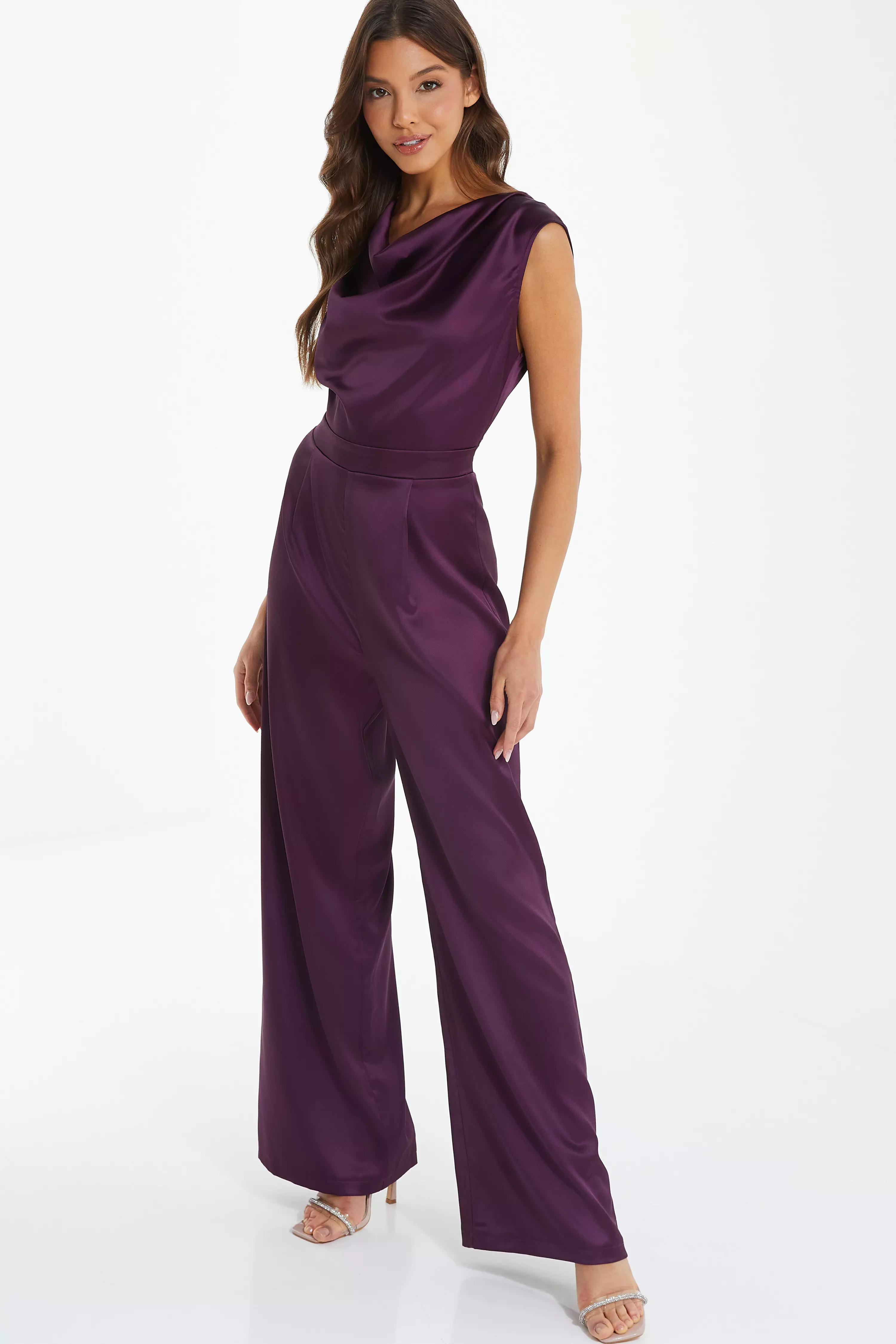 Purple Satin Cowl Neck Palazzo Jumpsuit