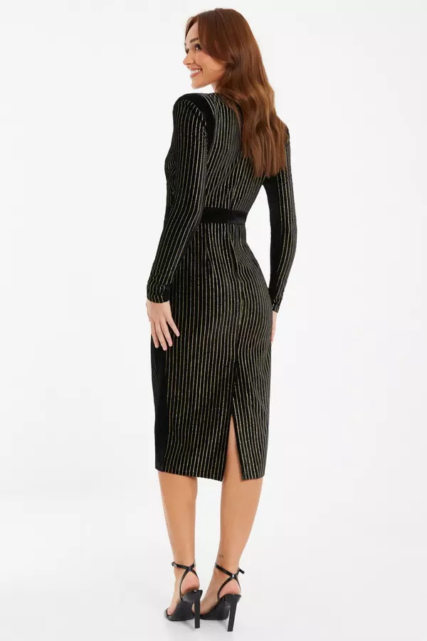 Black Velvet Stripe Midi Dress