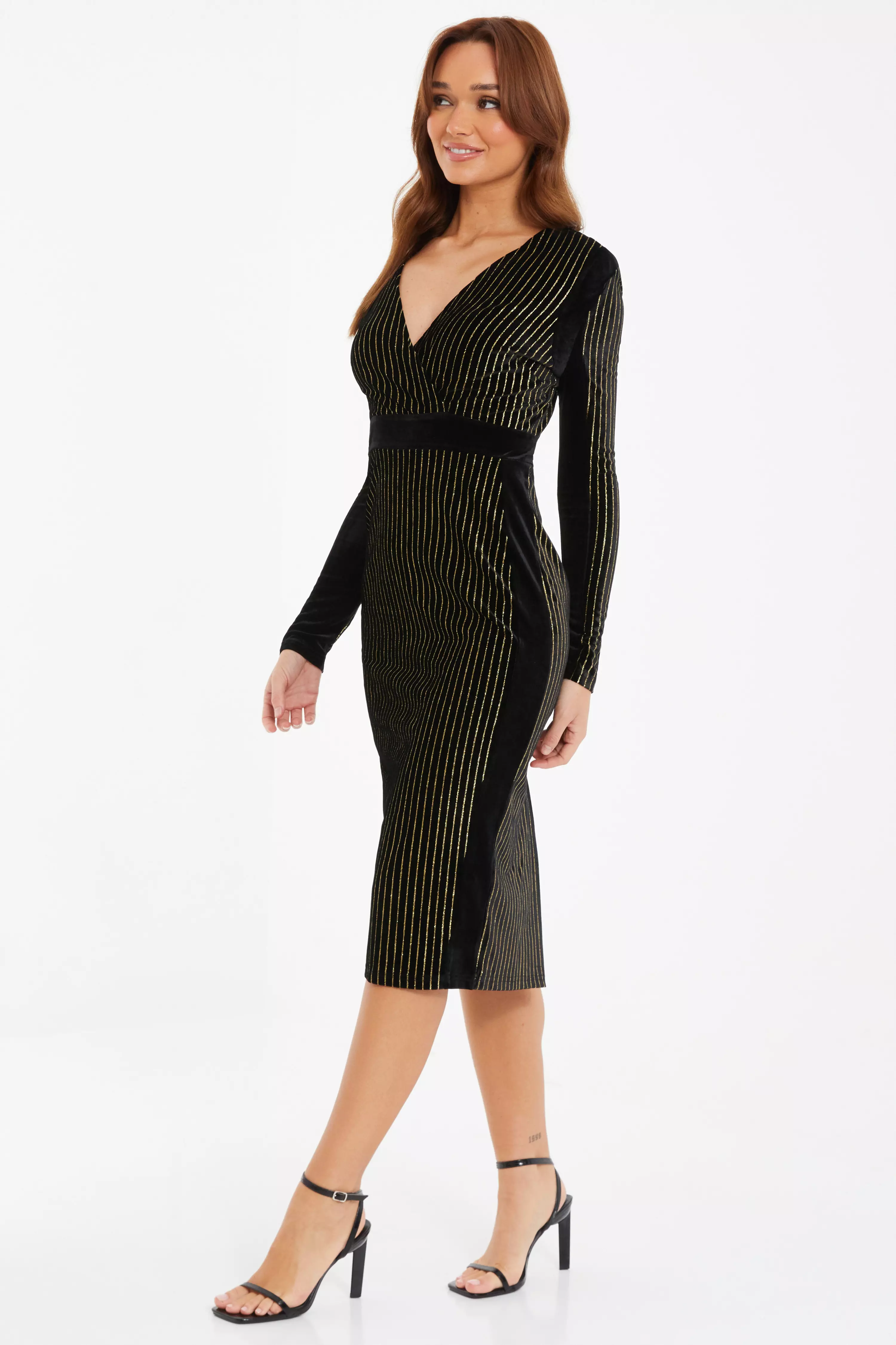 Black Velvet Stripe Midi Dress