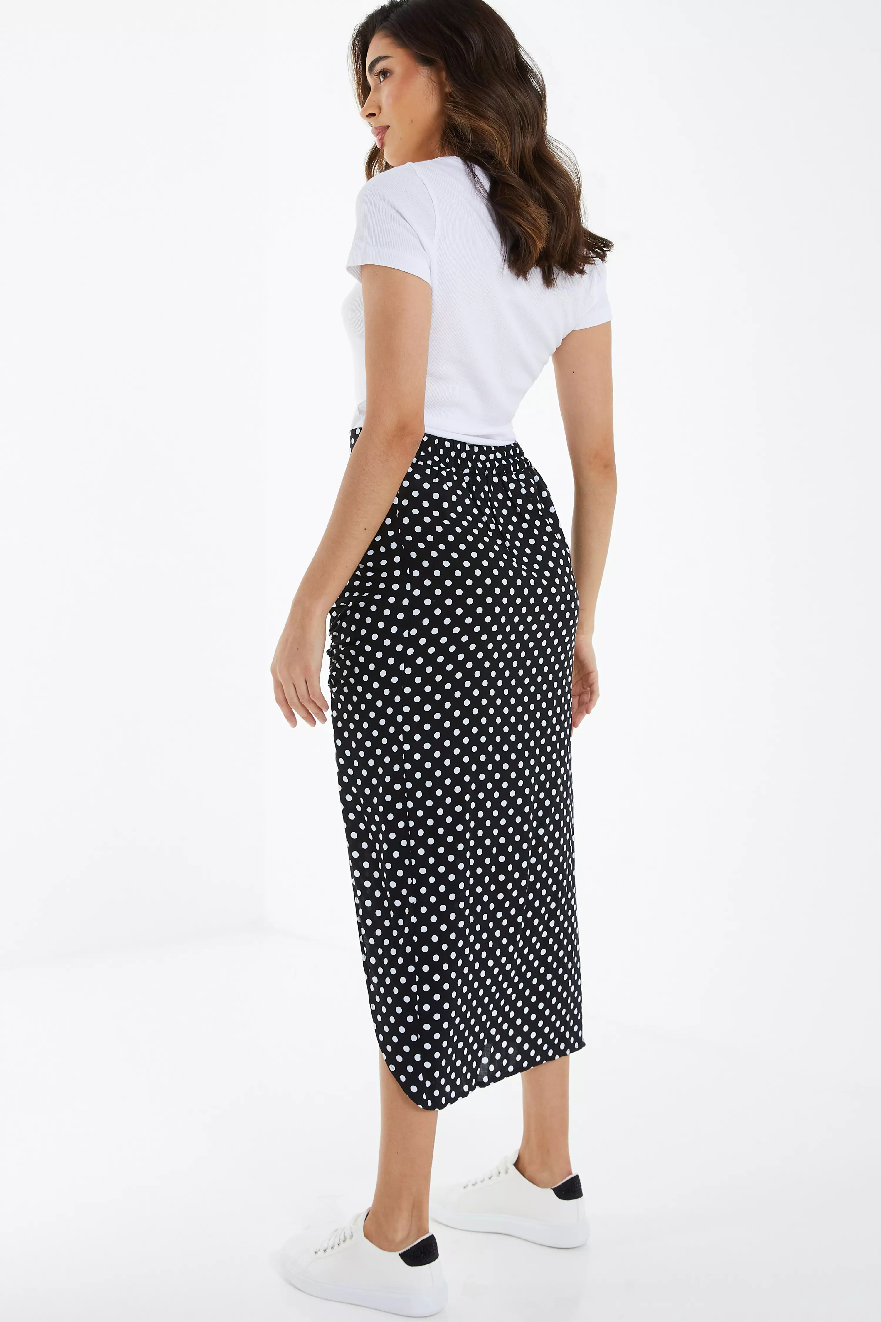 Black Polka Dot Ruched Midi Skirt