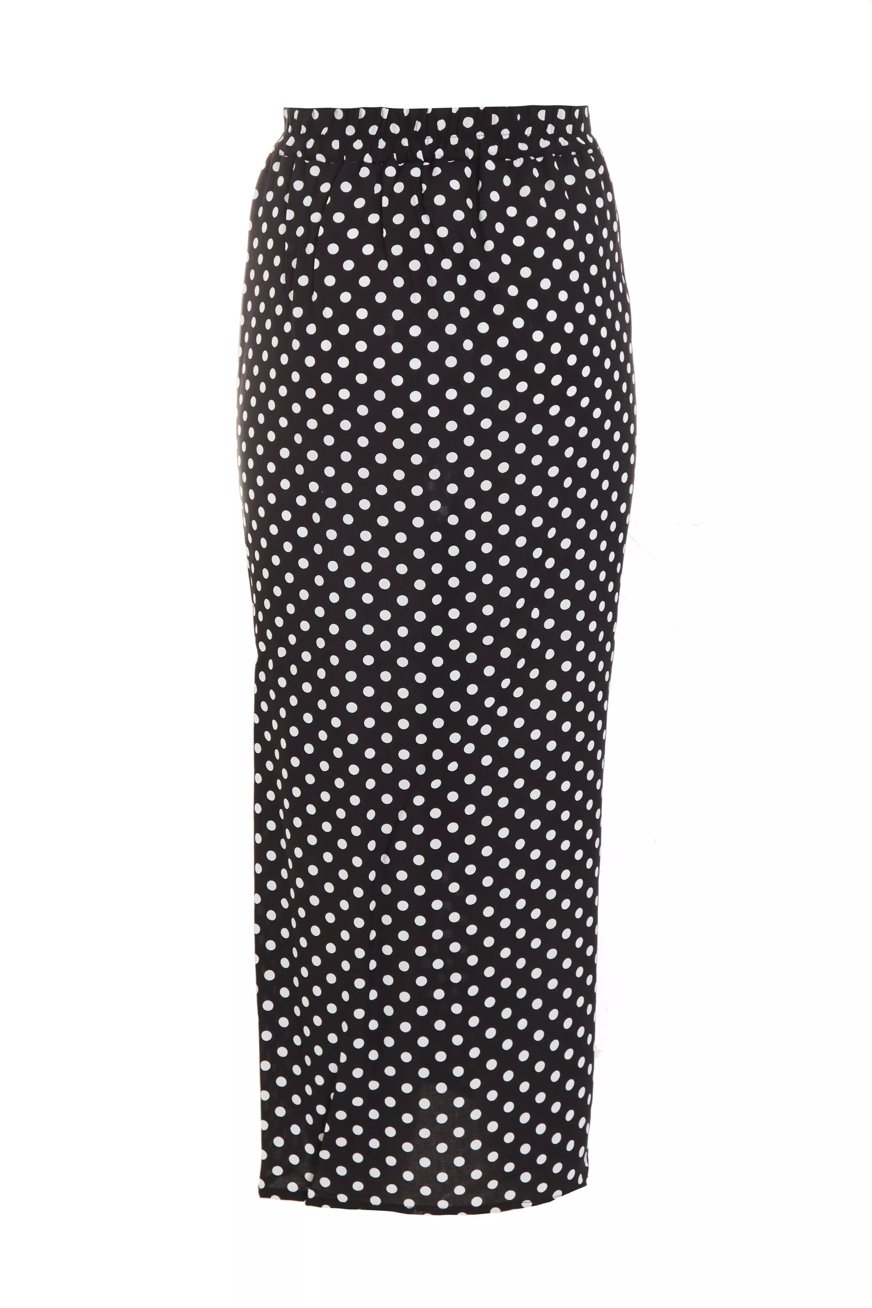 Black Polka Dot Ruched Midi Skirt