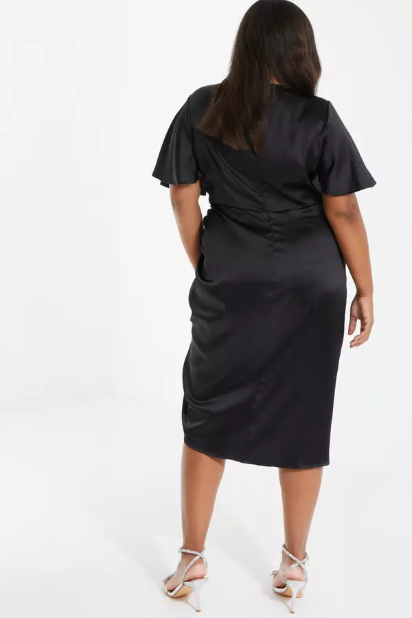 Curve Black Satin Wrap Midi Dress