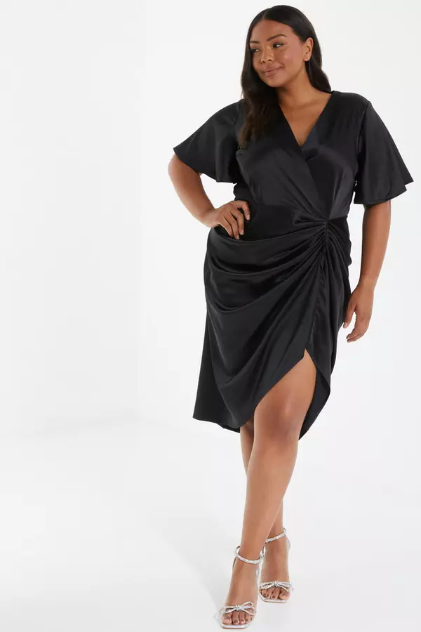 Curve Black Satin Wrap Midi Dress
