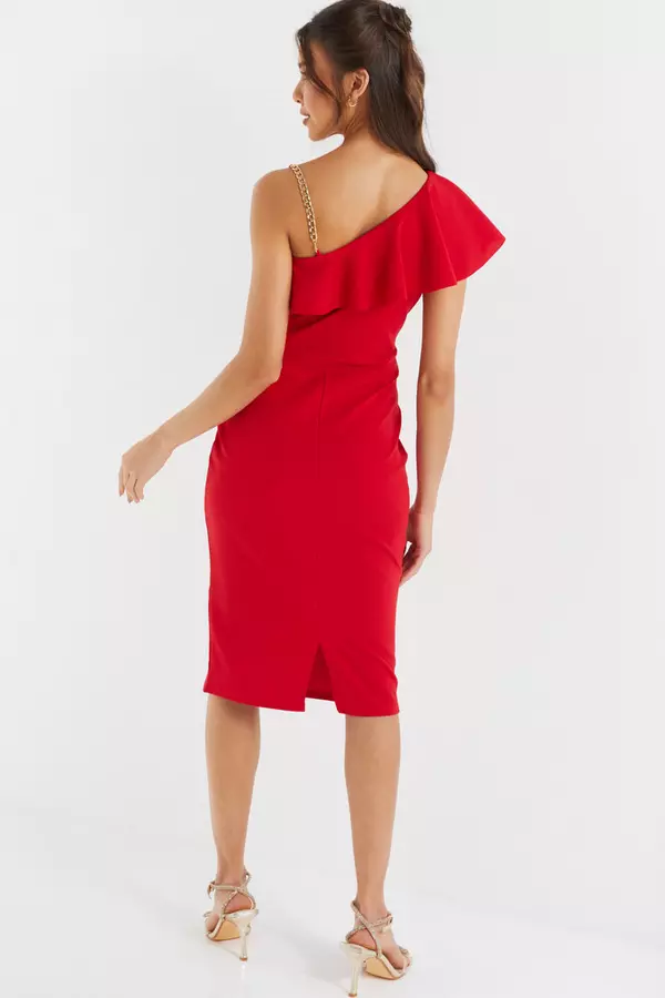 Red One Shoulder Frill Midi Dress