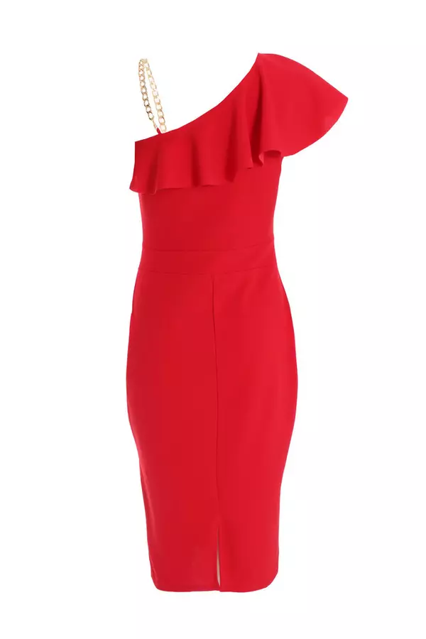 Red One Shoulder Frill Midi Dress