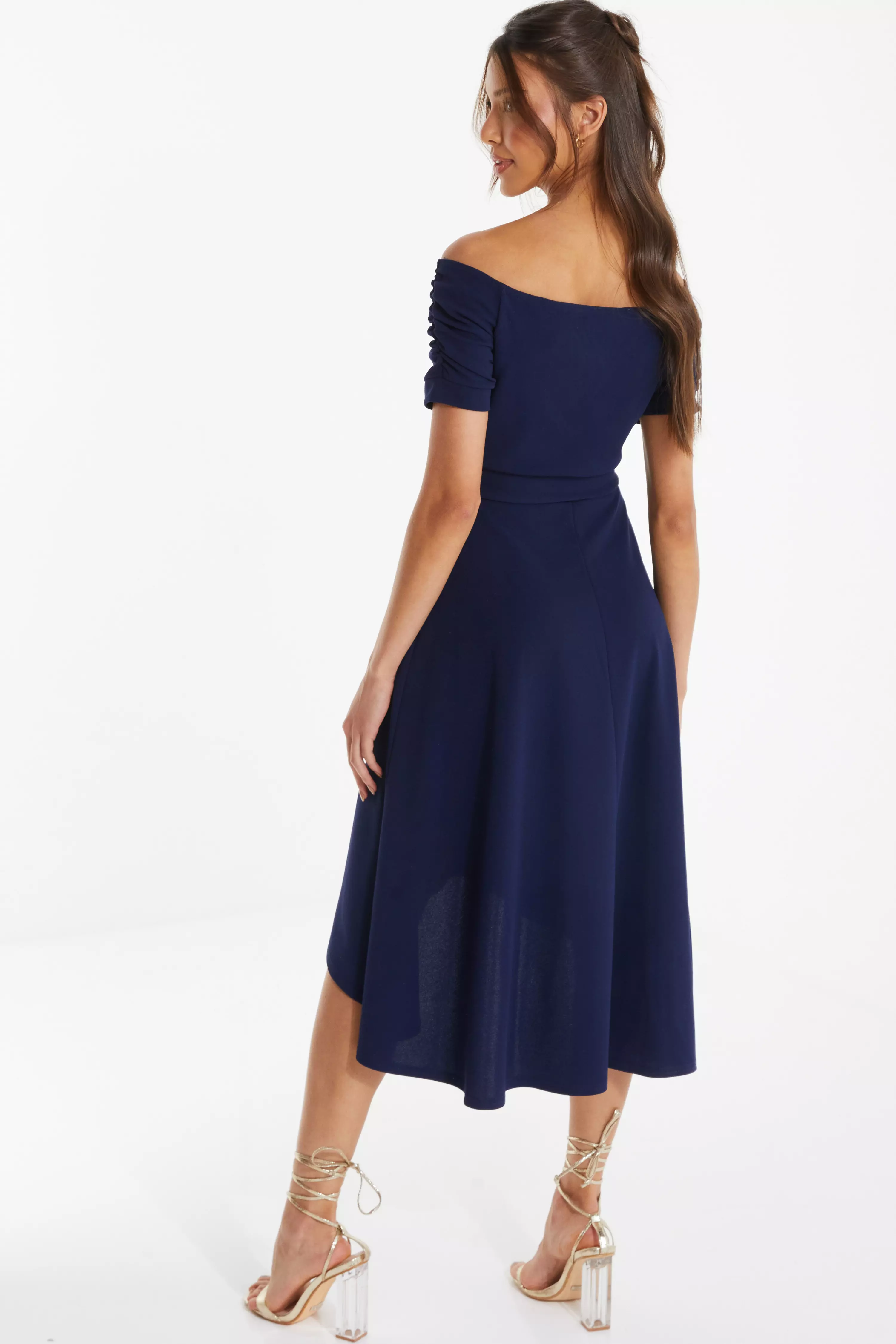 Navy Bardot Dip Hem Midi Dress