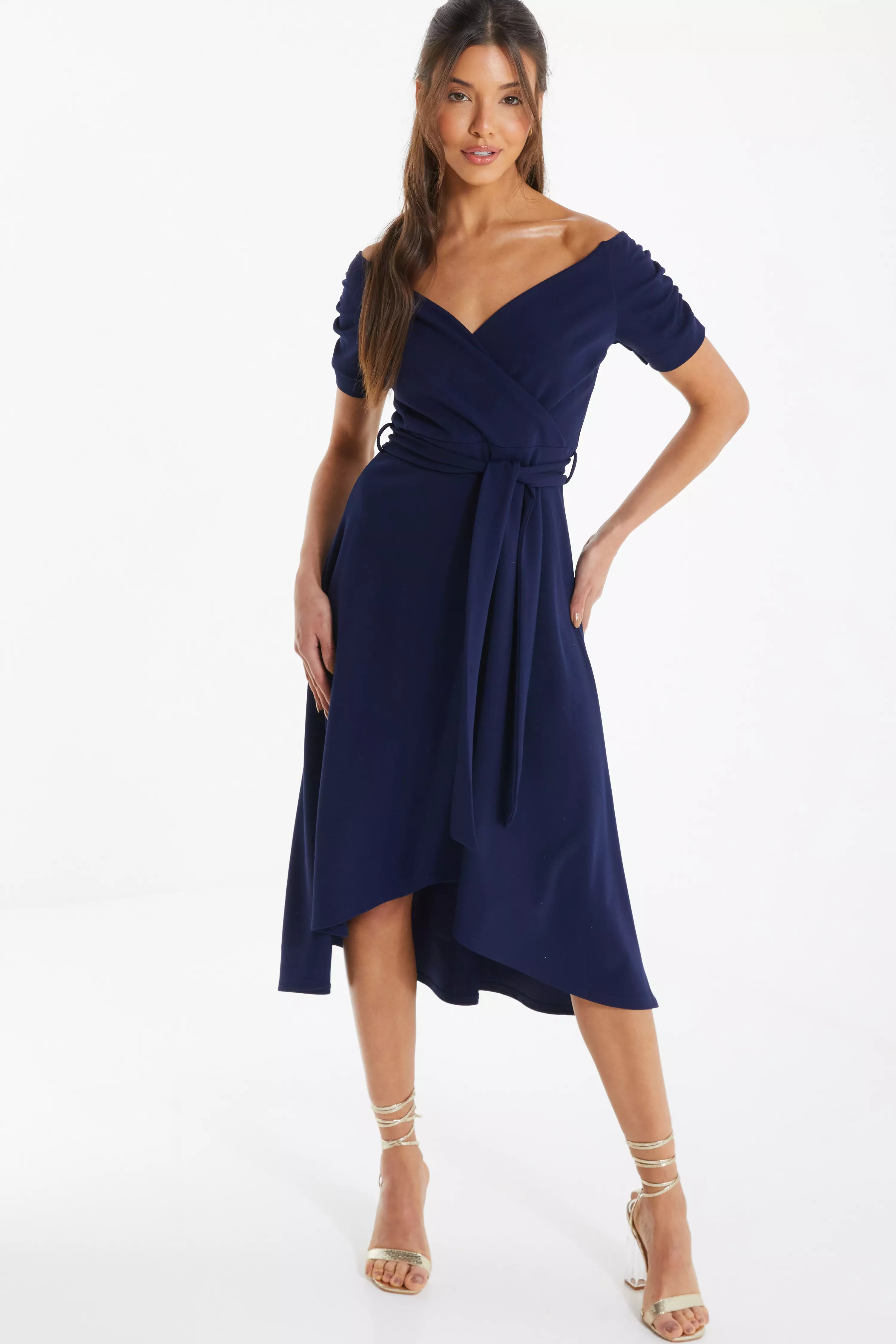 Navy Bardot Dip Hem Midi Dress