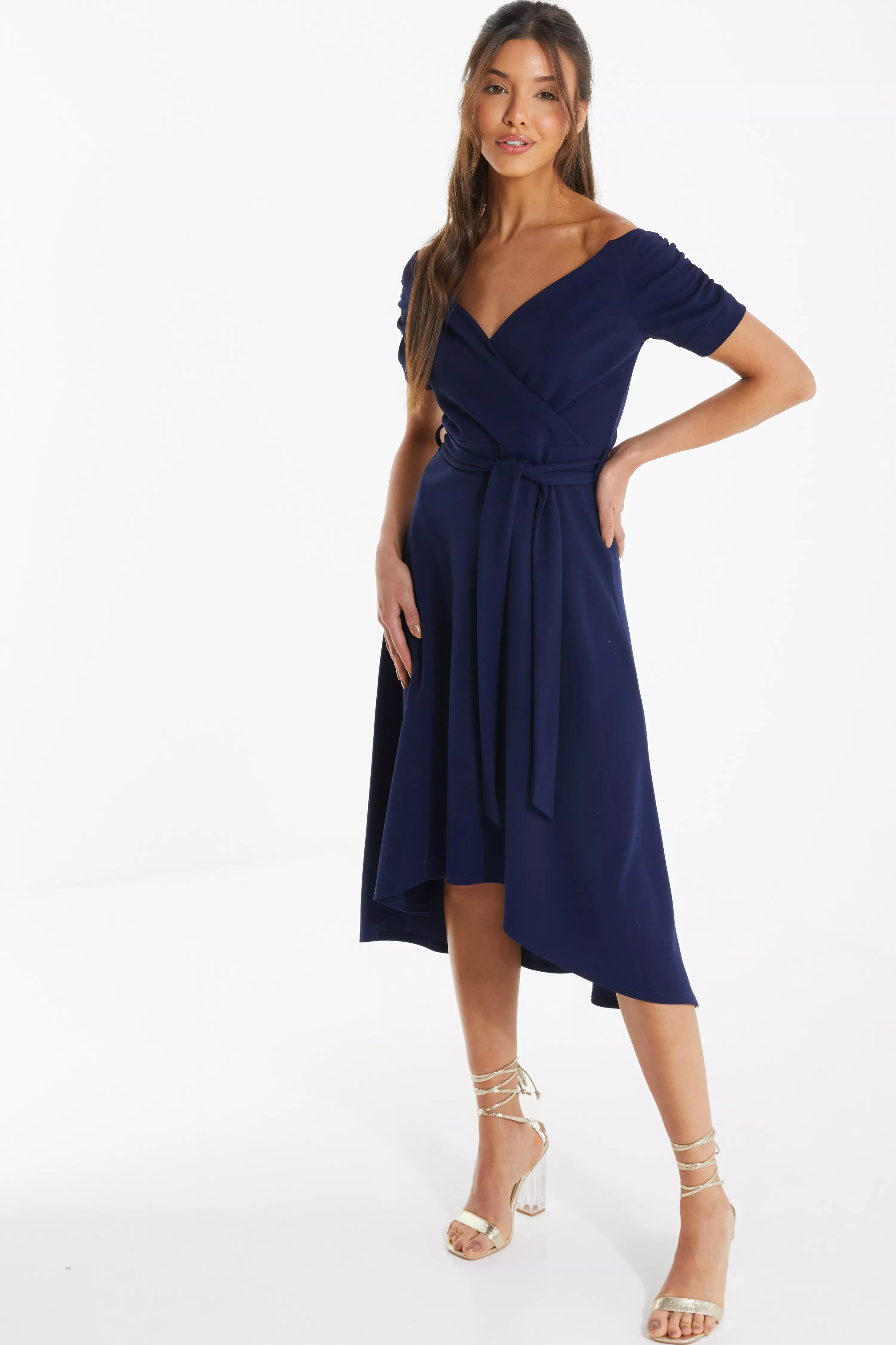 Navy Bardot Dip Hem Midi Dress