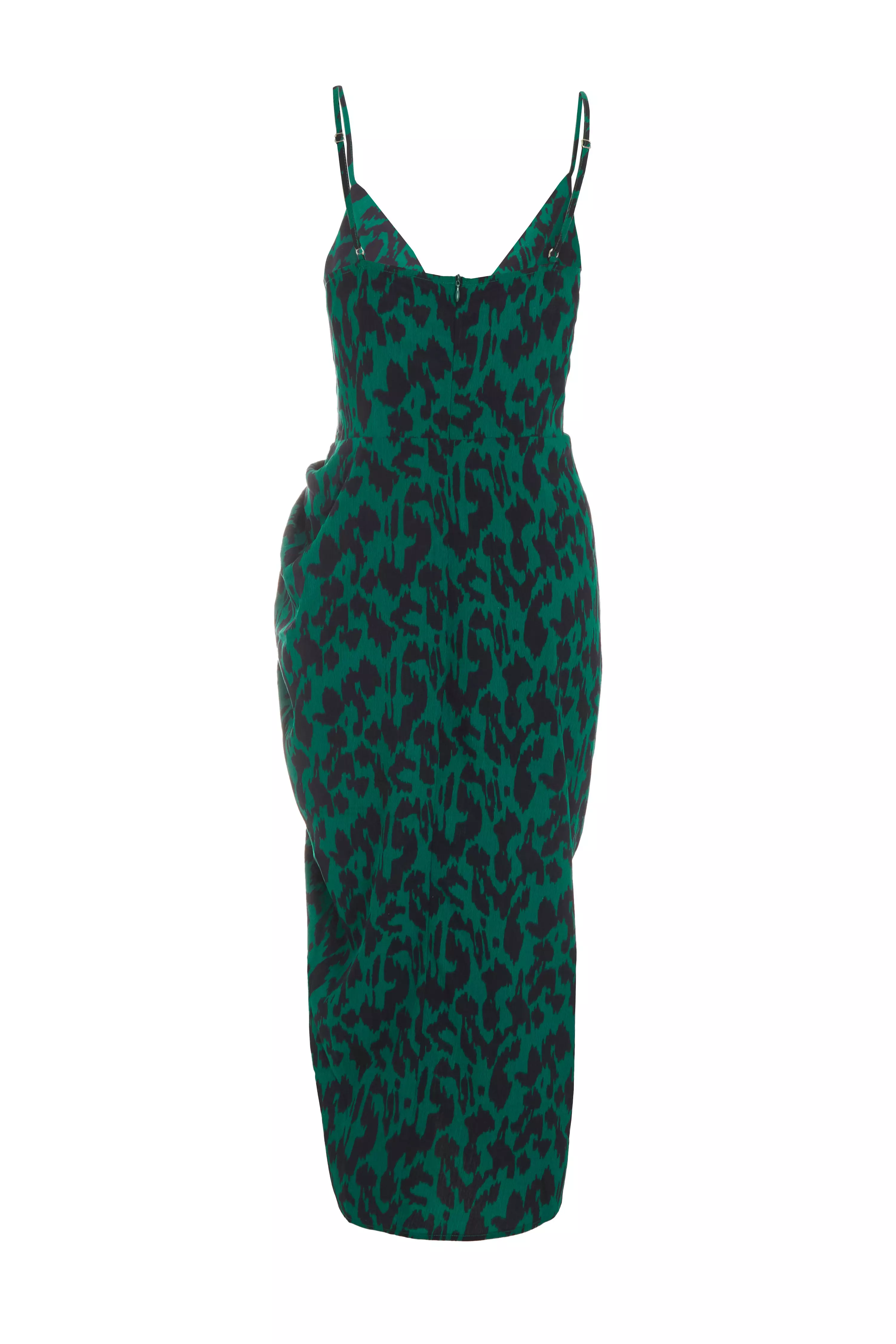 Bottle Green Animal Print Wrap Midi Dress