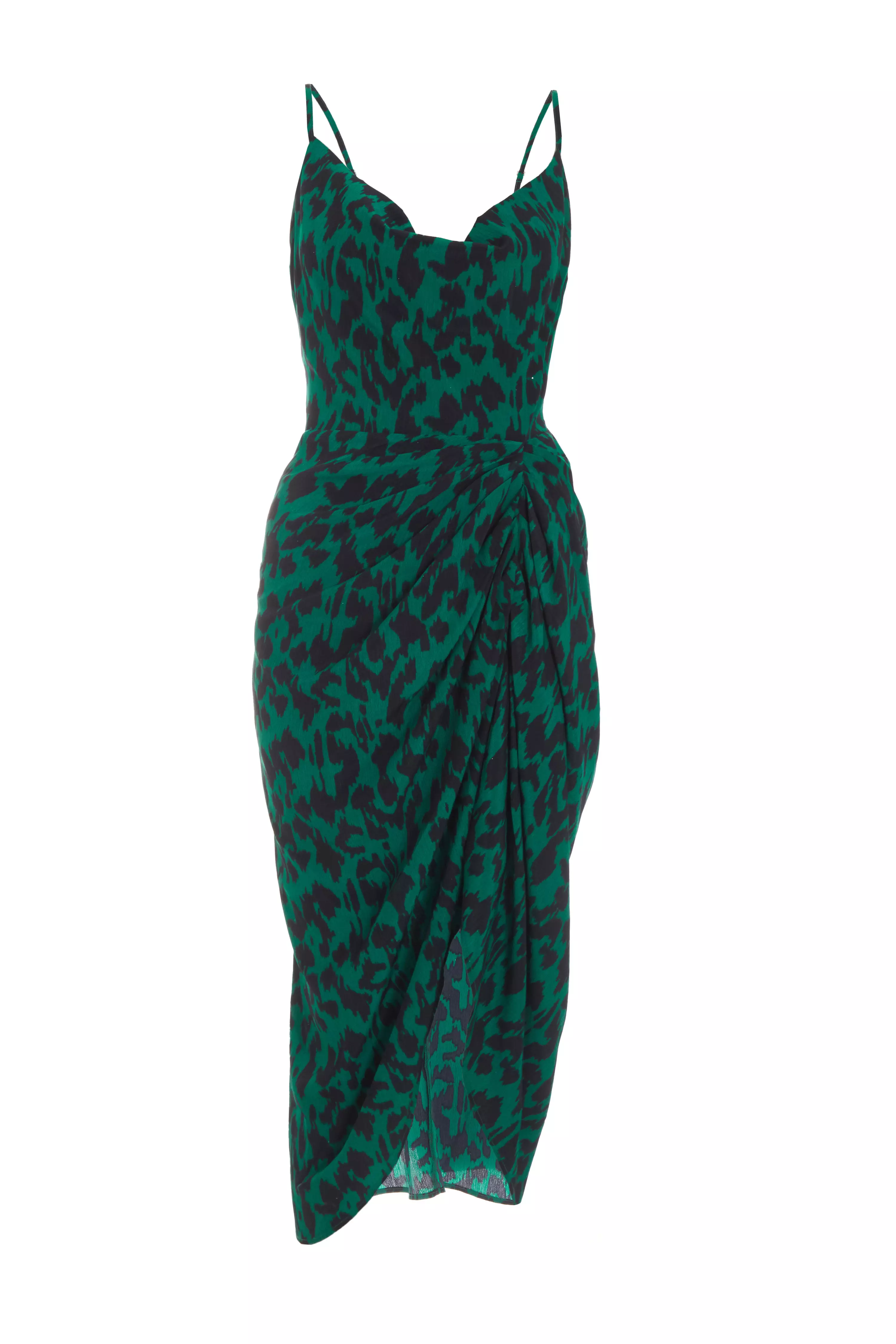 Bottle Green Animal Print Wrap Midi Dress